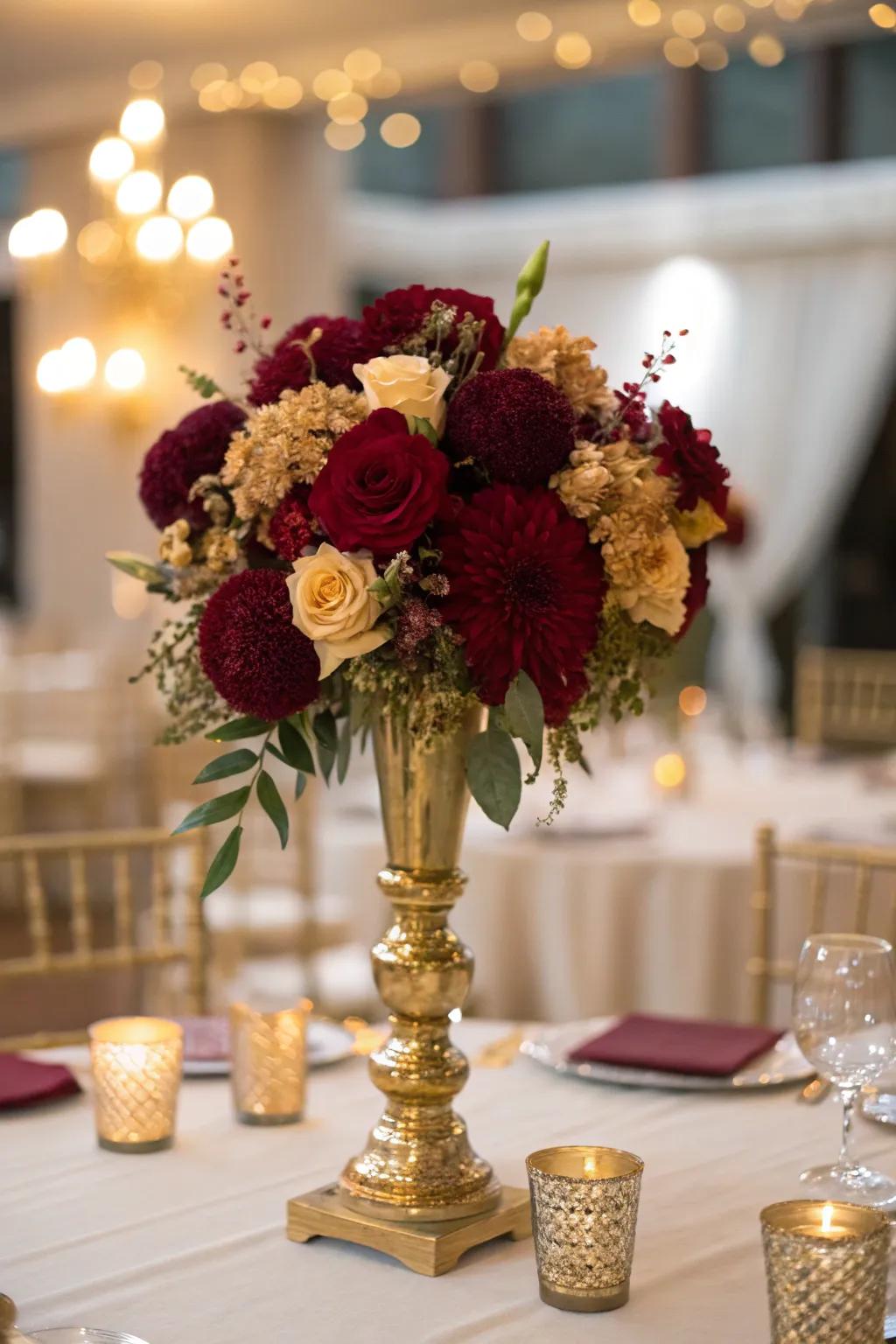 Floral arrangements in burgundy and gold bring natural beauty to your event.