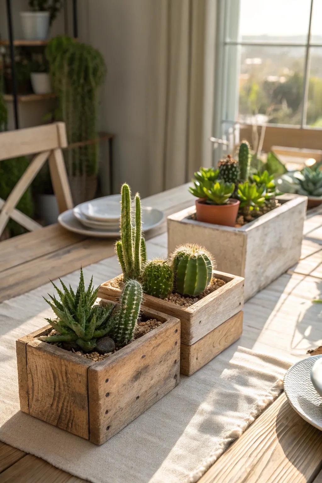 Timber planters offer a bucolic allure to cactus arrangements.