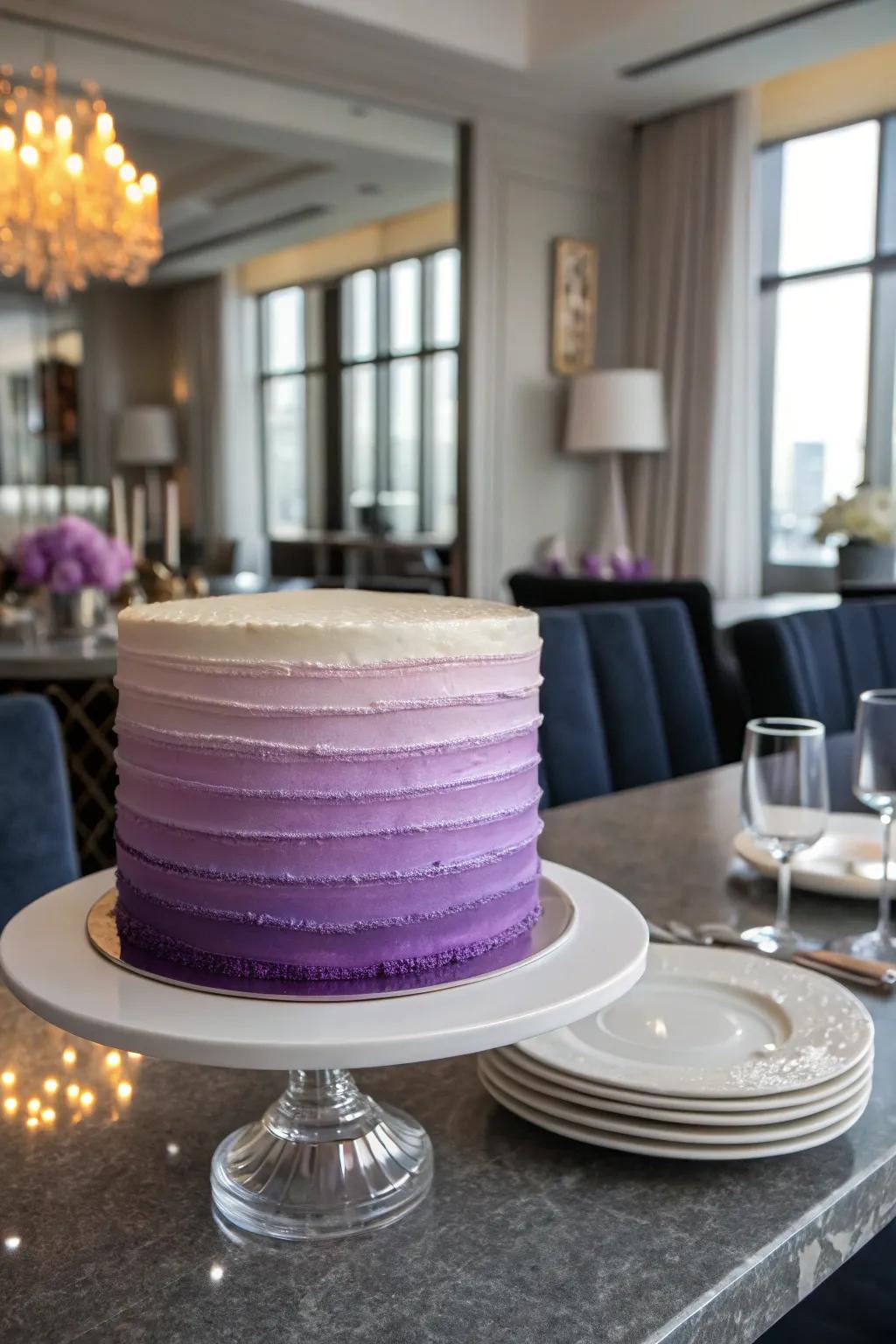 A modern ombre buttercream cake with a gradient color effect