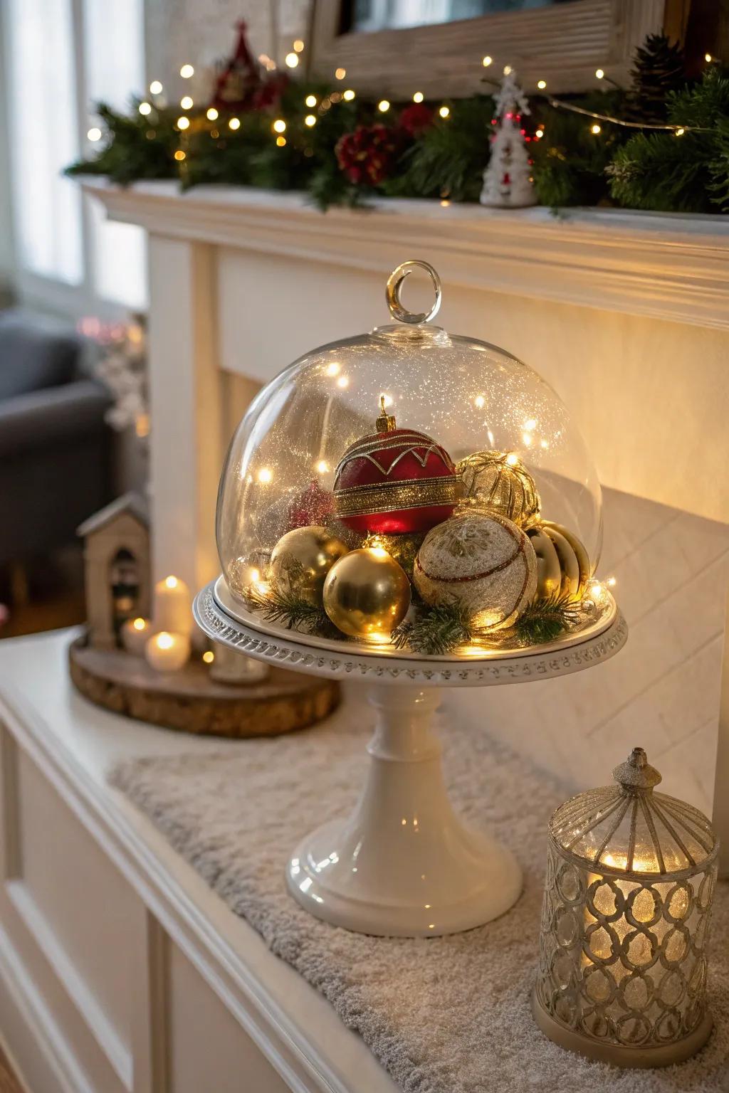 Bestow a celebratory character with holiday-centric decorations sheltered beneath a dome.