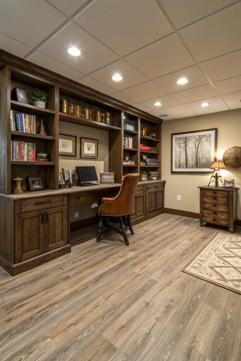 Laminate flooring brings a touch of modern sophistication to basement spaces.