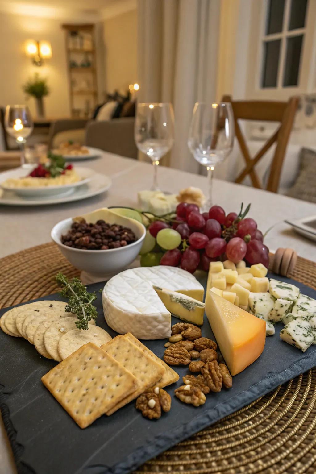 A broad selection of cheeses artfully displayed.