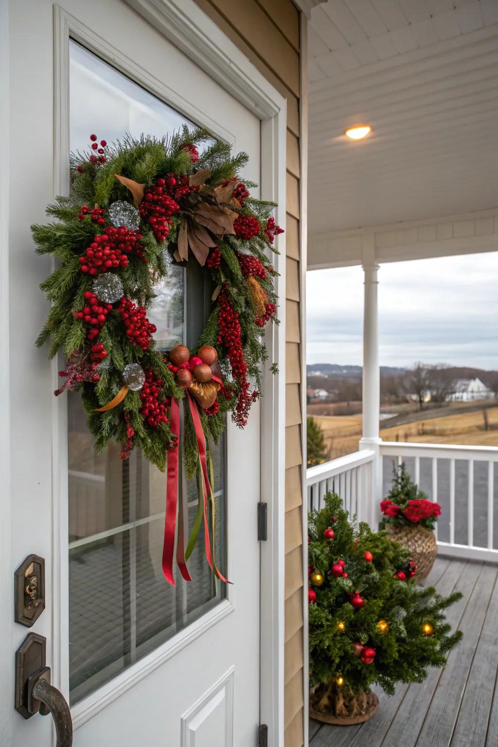 A festive wreath that warmly welcomes guests.