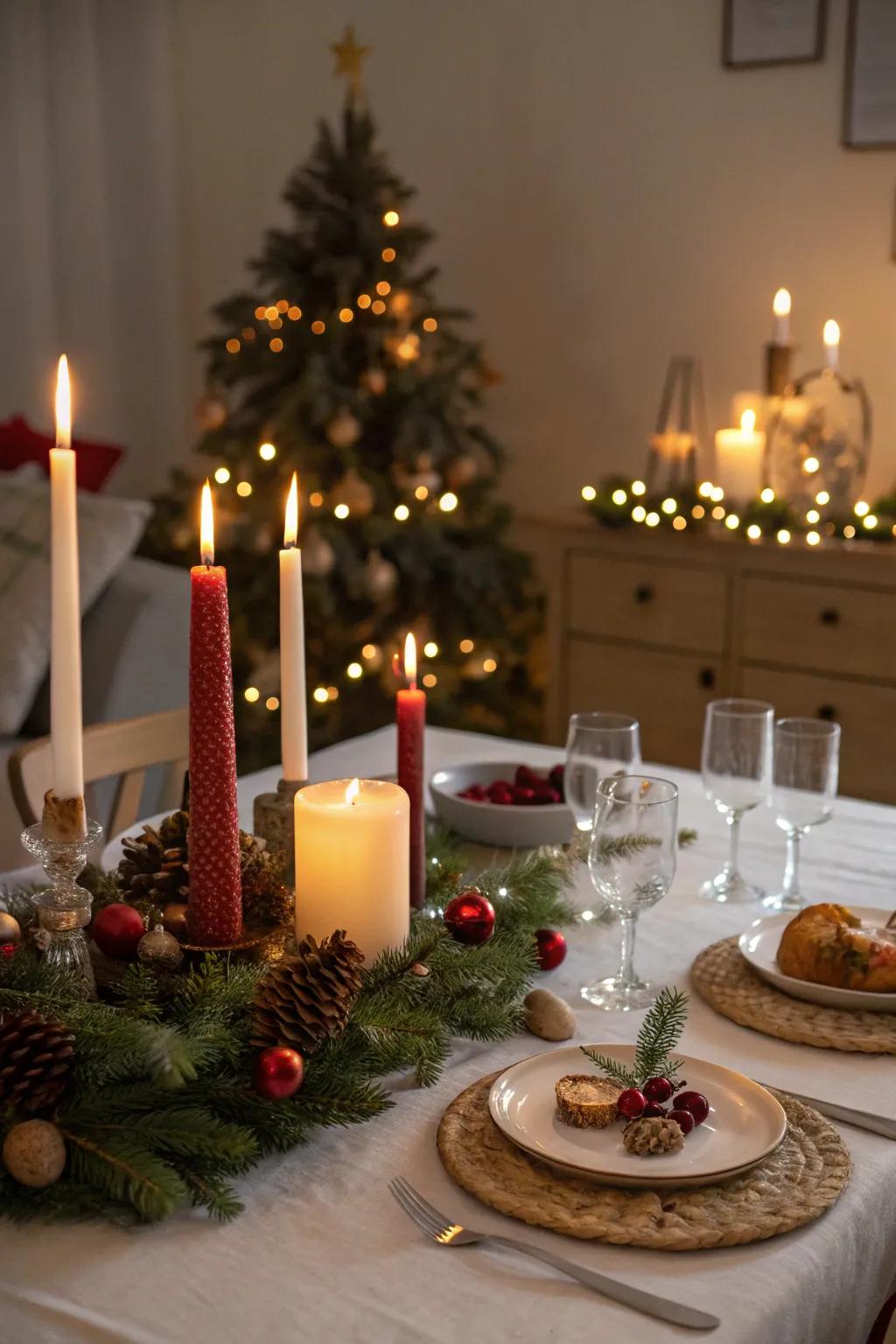 Candles of varying heights bring warmth and charm to holiday gatherings.