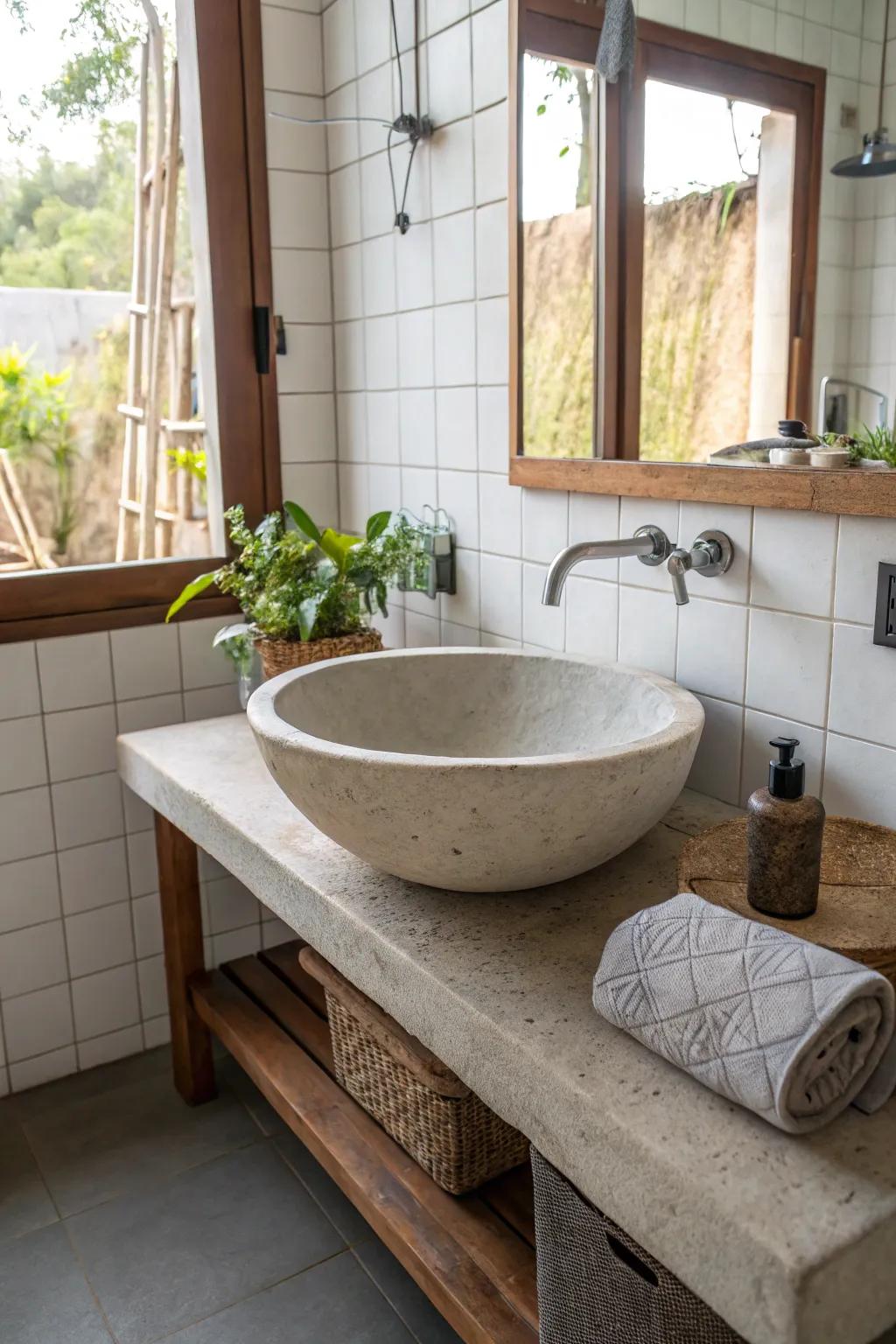 Uniquely shaped concrete sink adds character to the bathroom.