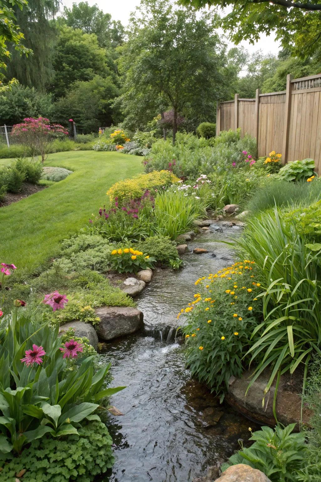 Lush vegetation brings vibrancy and life to your creekside setting.