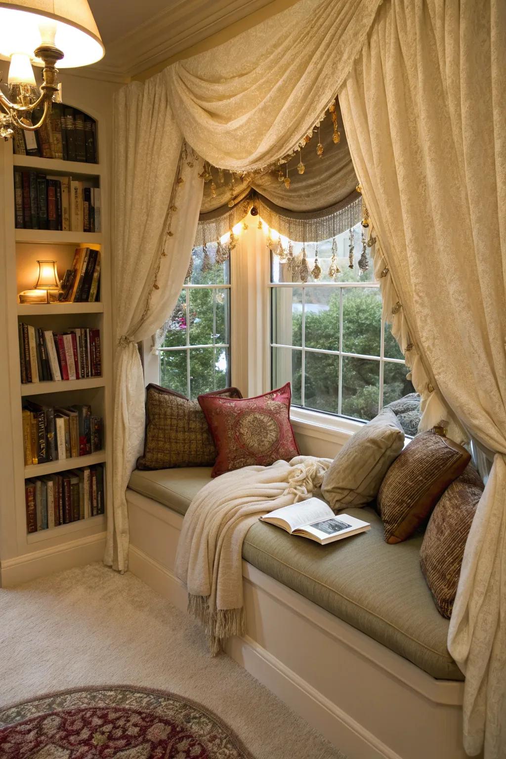 Infuse profundity and opulence into your reading recess through stratified valances.