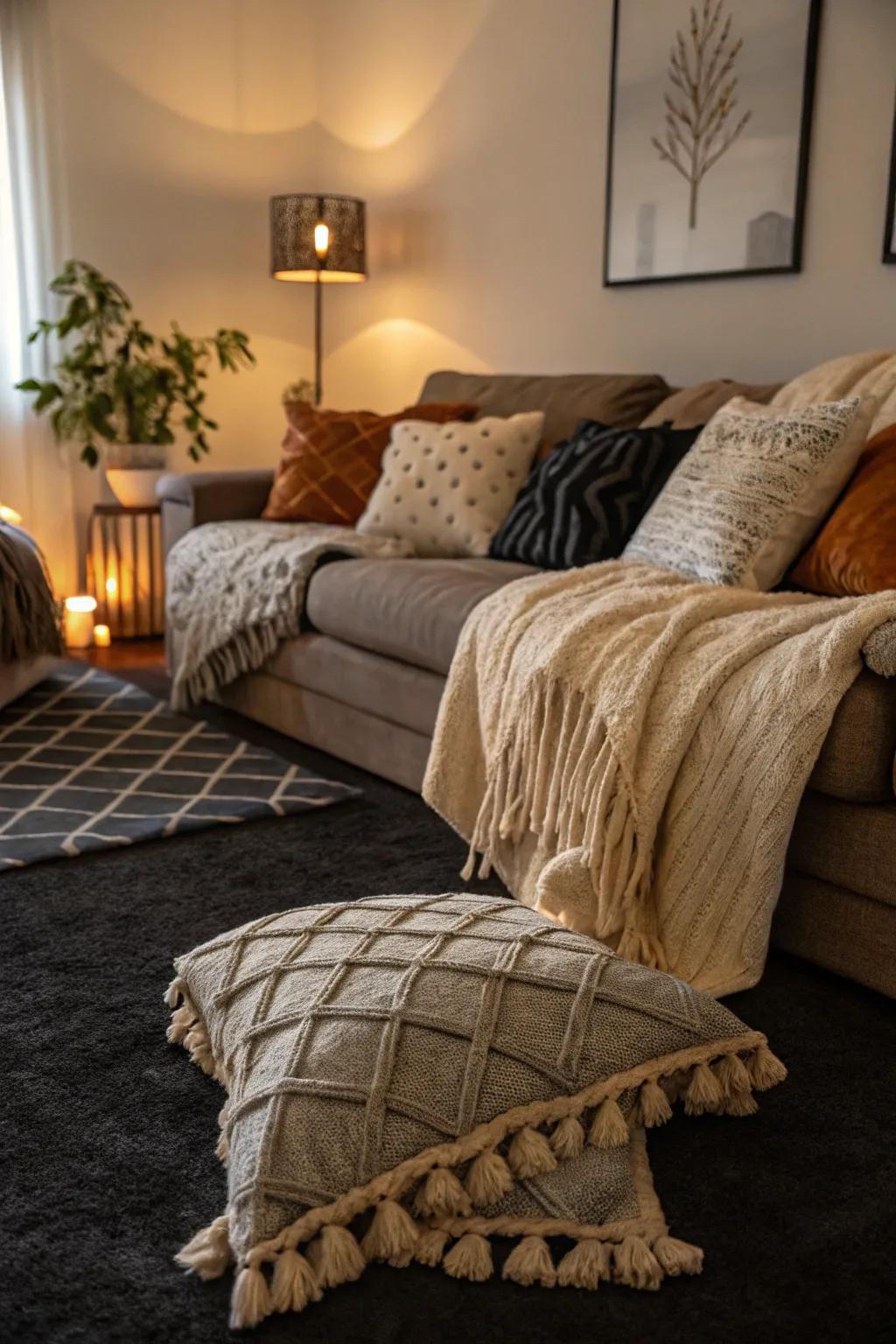 Layered textures enhance the coziness of a dark carpet.