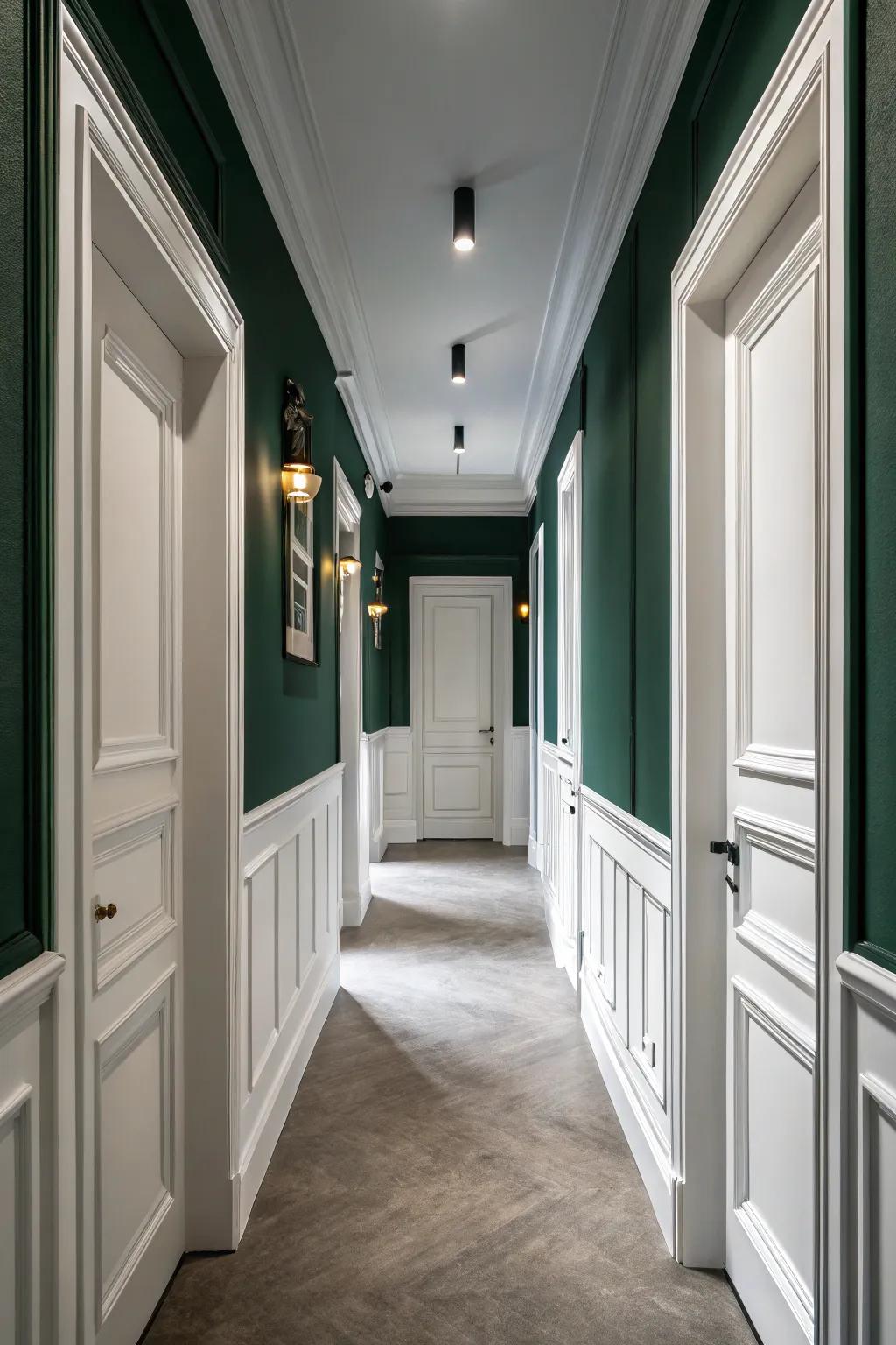 The bright trim provides a crisp contrast to the forest green walls.