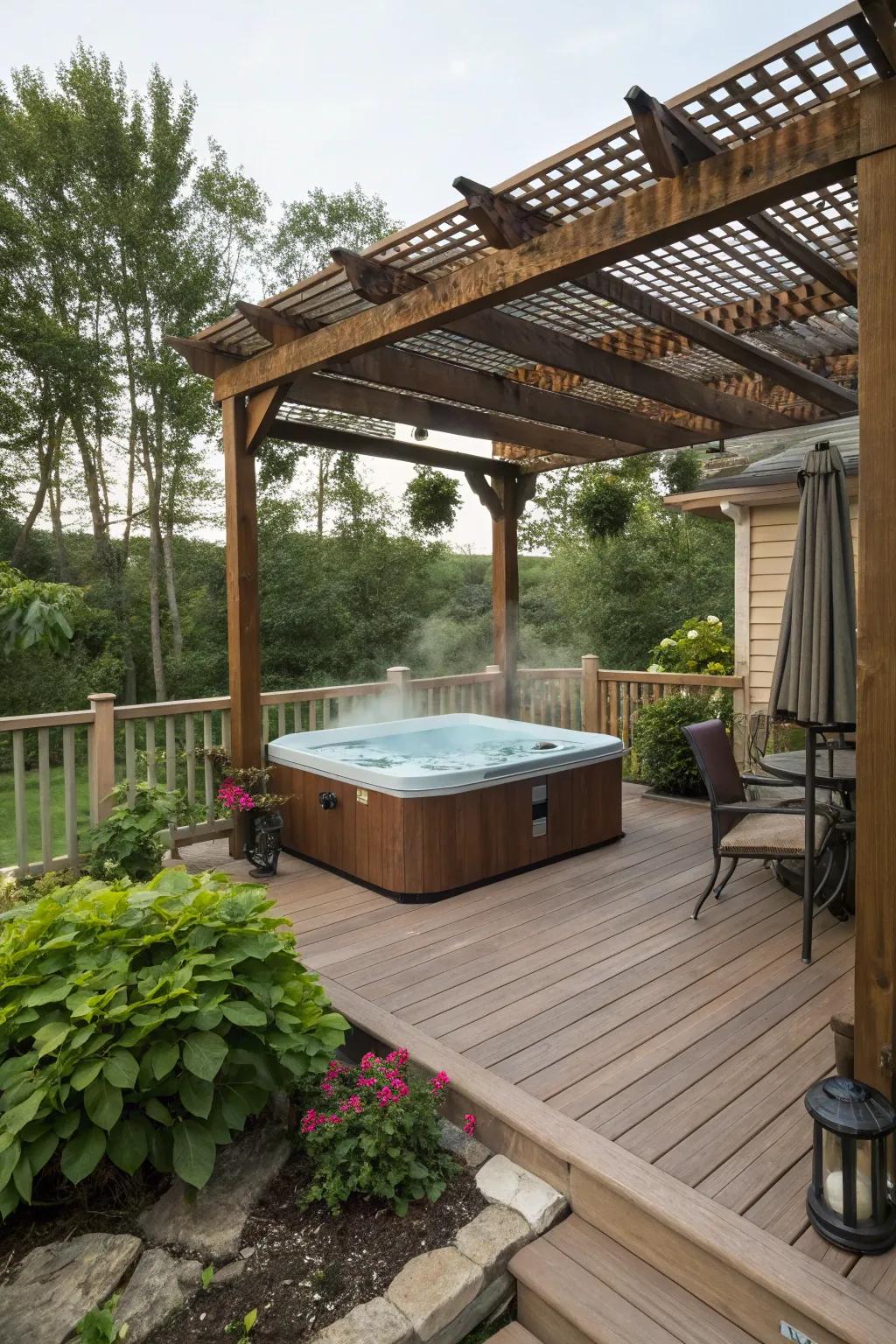 A stylish pergola providing shade and structure over a hot tub.