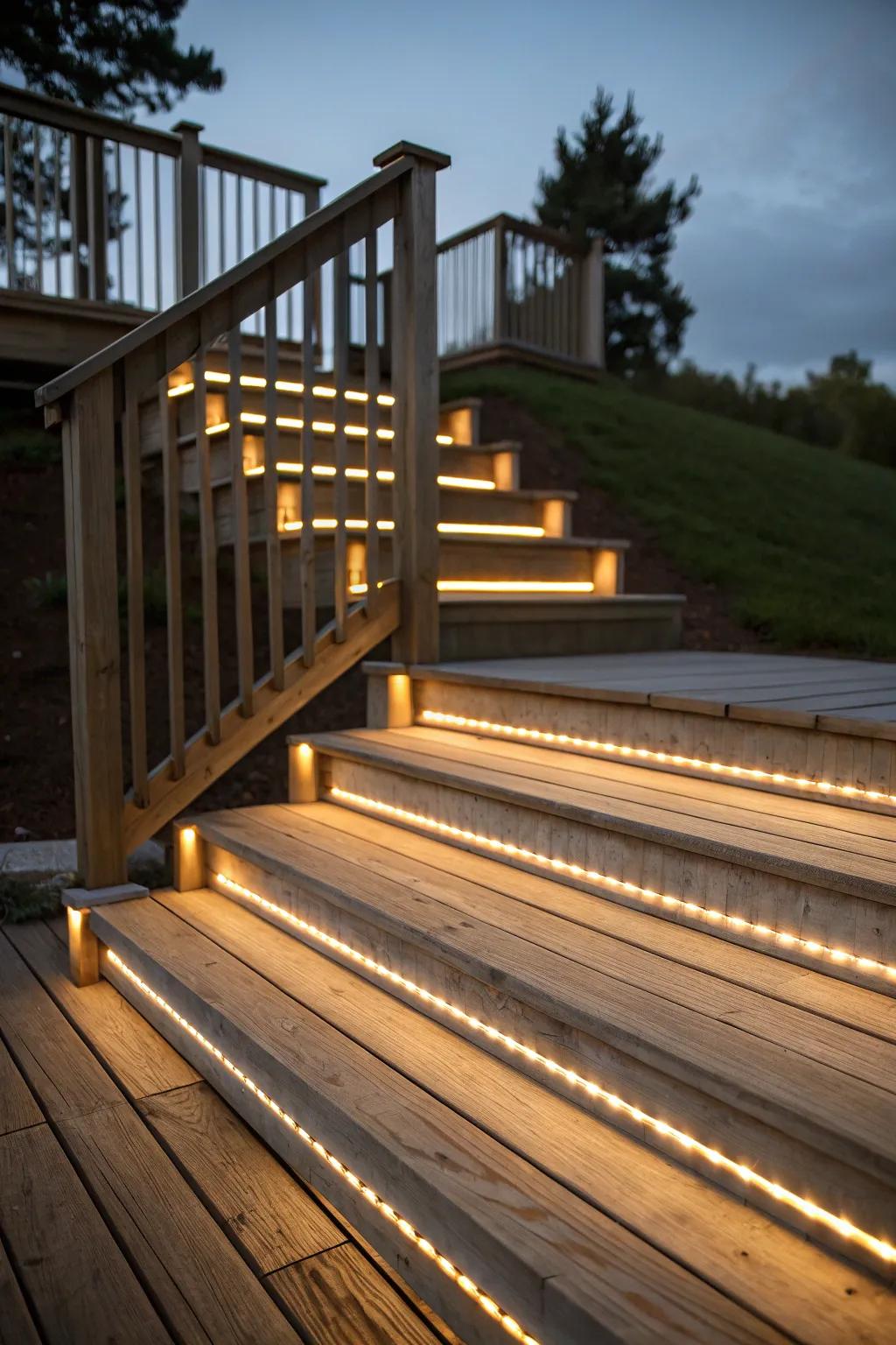 LED ribbons generate a captivating glow beneath steps