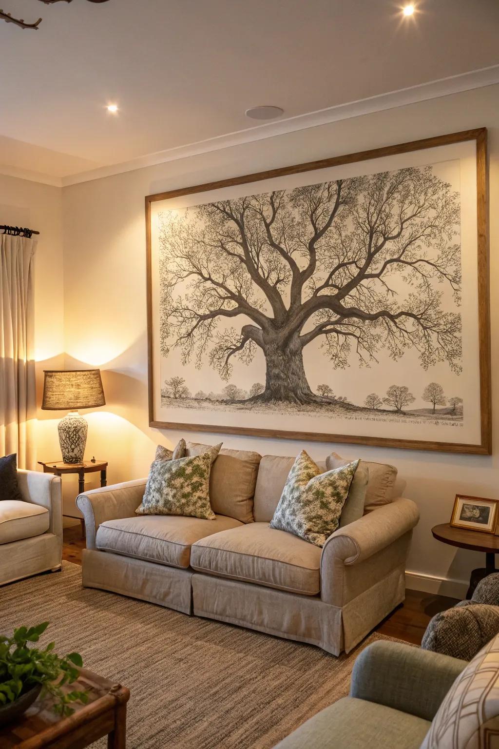A living room with a large tree drawing.