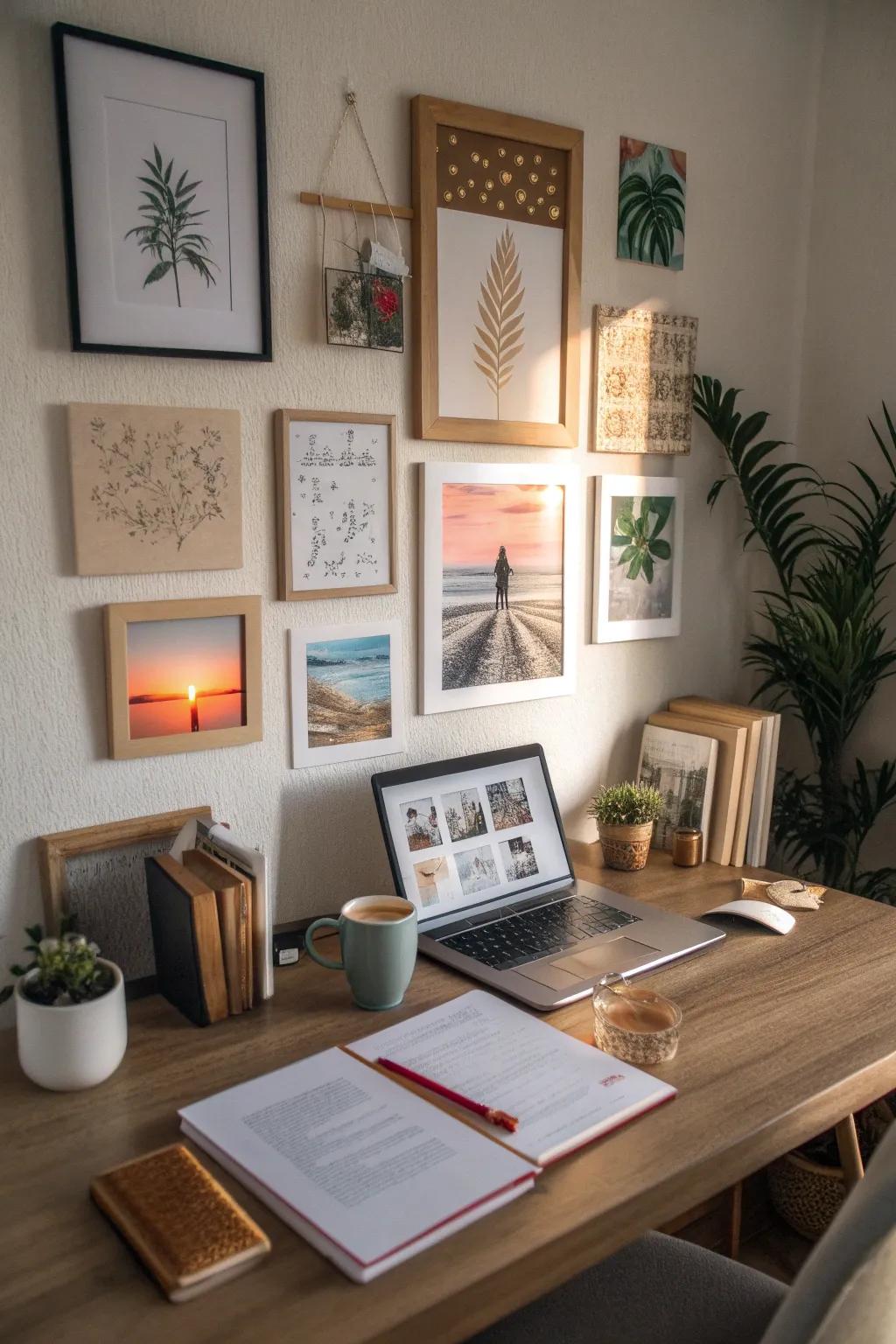 Framed art and motivational quotes enhancing the desk's aesthetic.