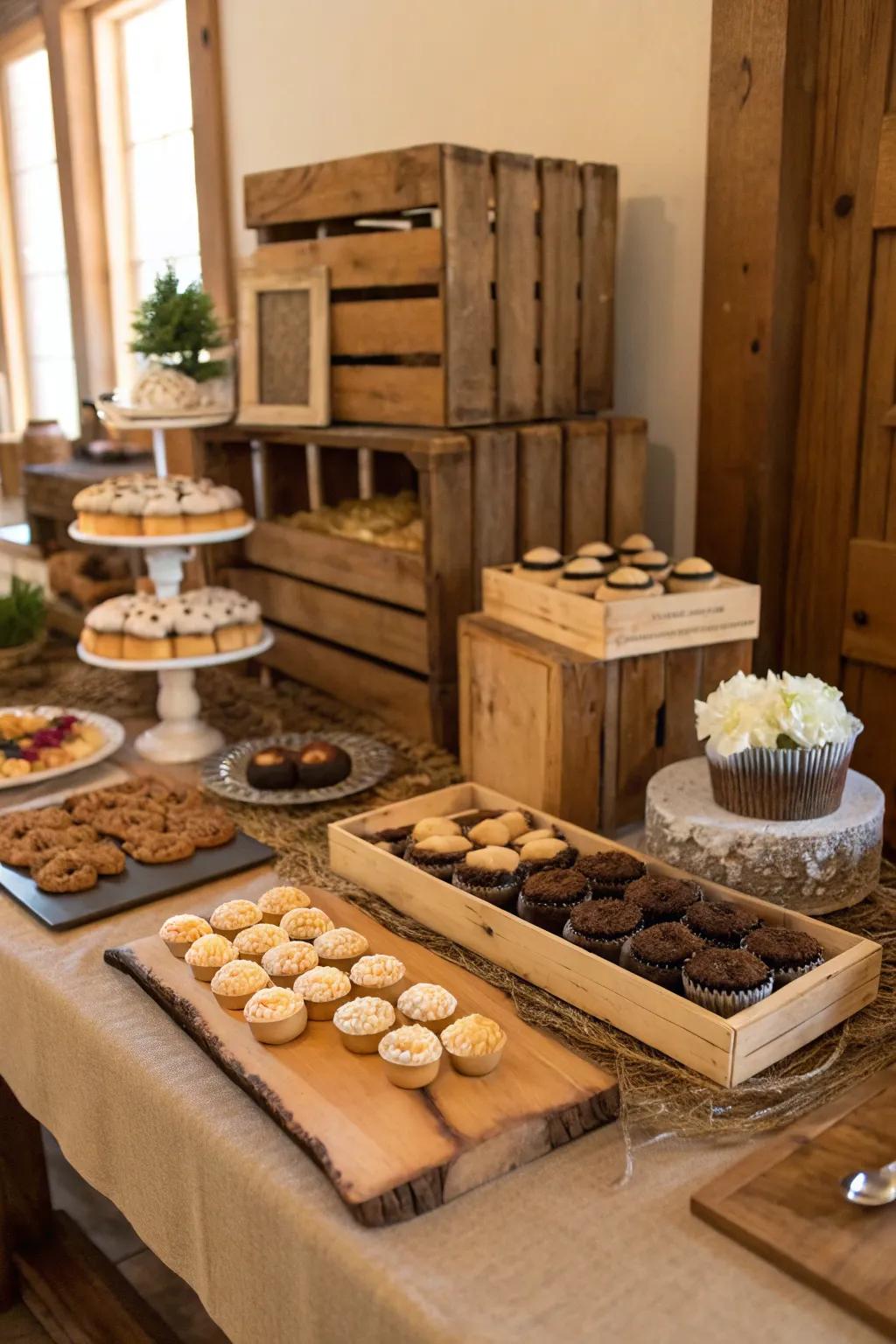 Wooden elements add a rustic touch to dessert tables.