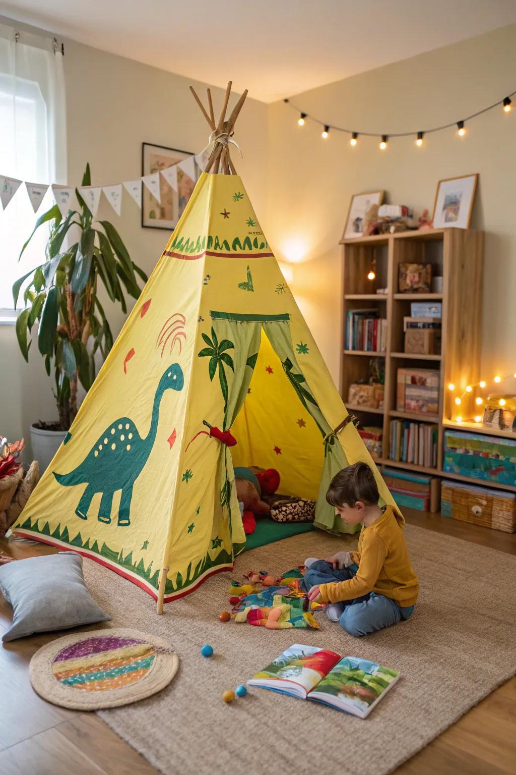 A playful dinosaur-themed teepee providing a cozy hideout for little adventurers.