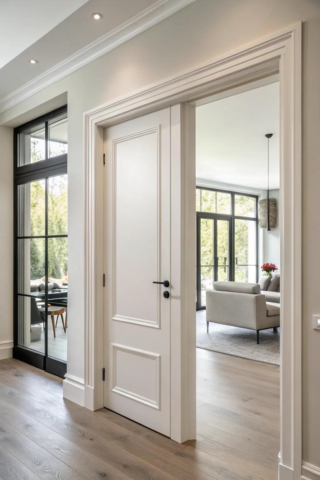 Sleek and simple, minimalist door trim enhances this contemporary home.