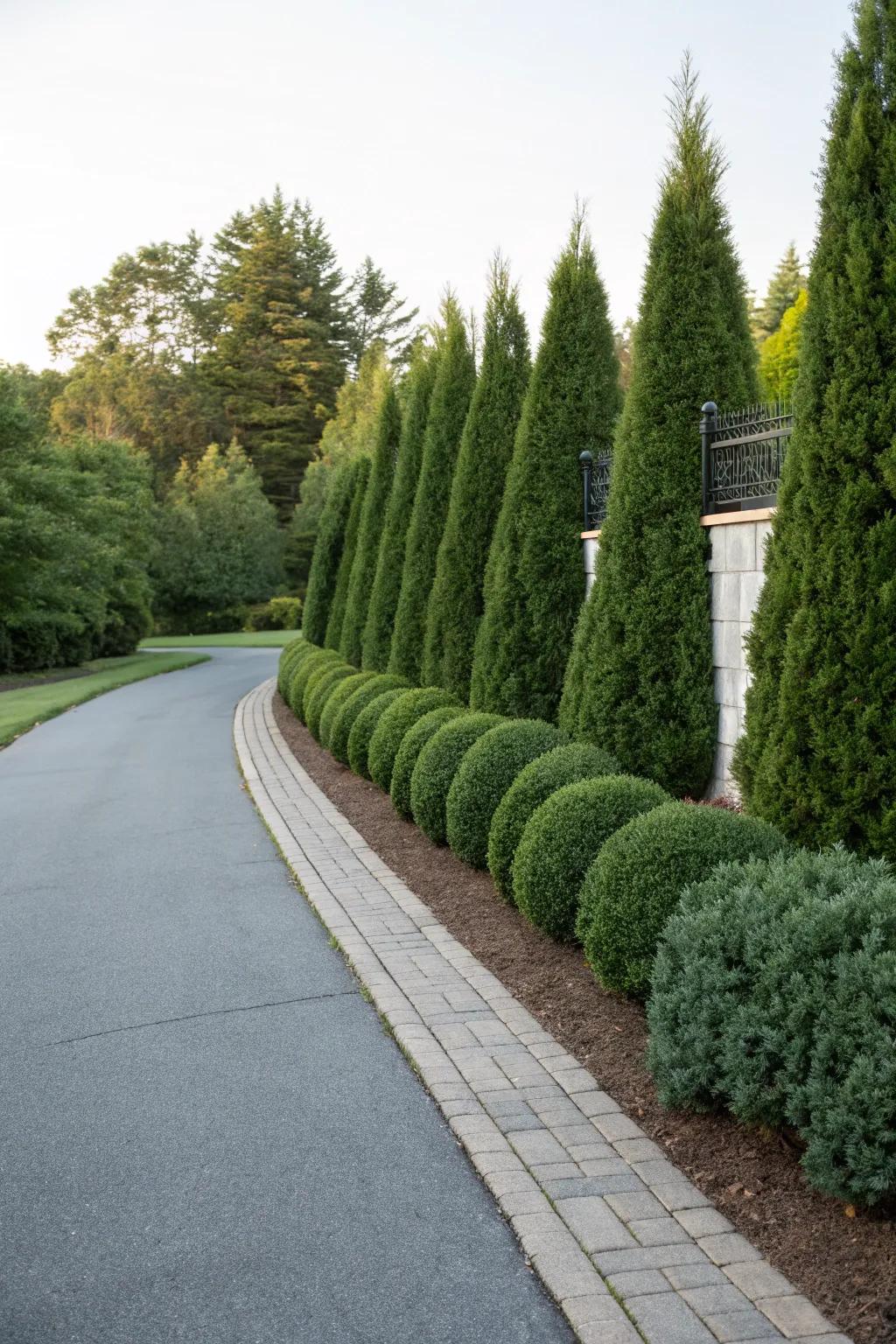 Meticulously pruned greenery fashions an elegant berm.