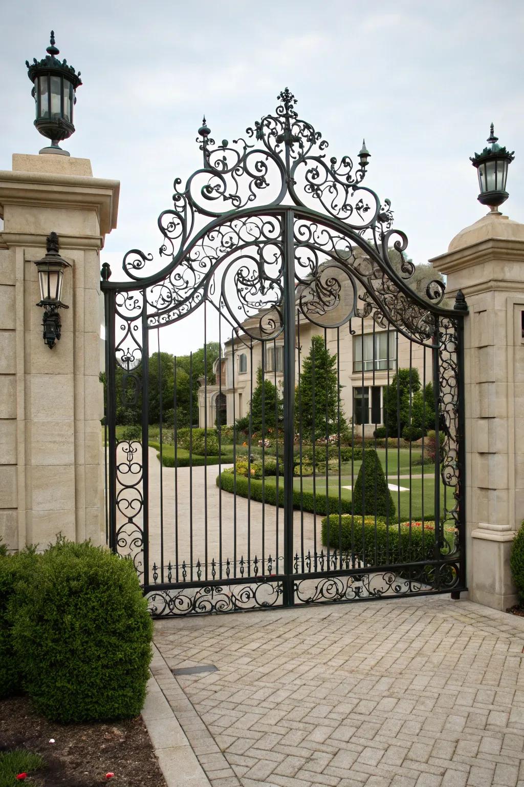 A classic wrought iron gate that exudes elegance and strength.