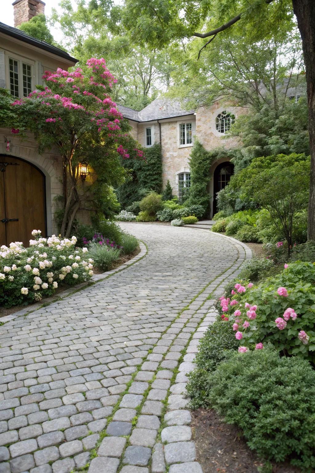 A rustic cobblestone driveway, adding character and charm to the home.