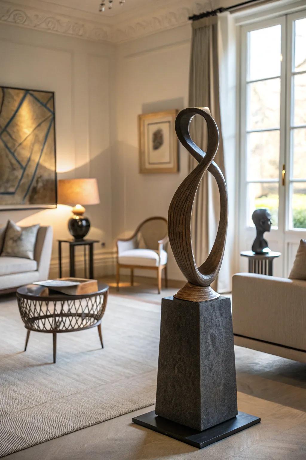 An abstract sculpture lending personality to the family room.