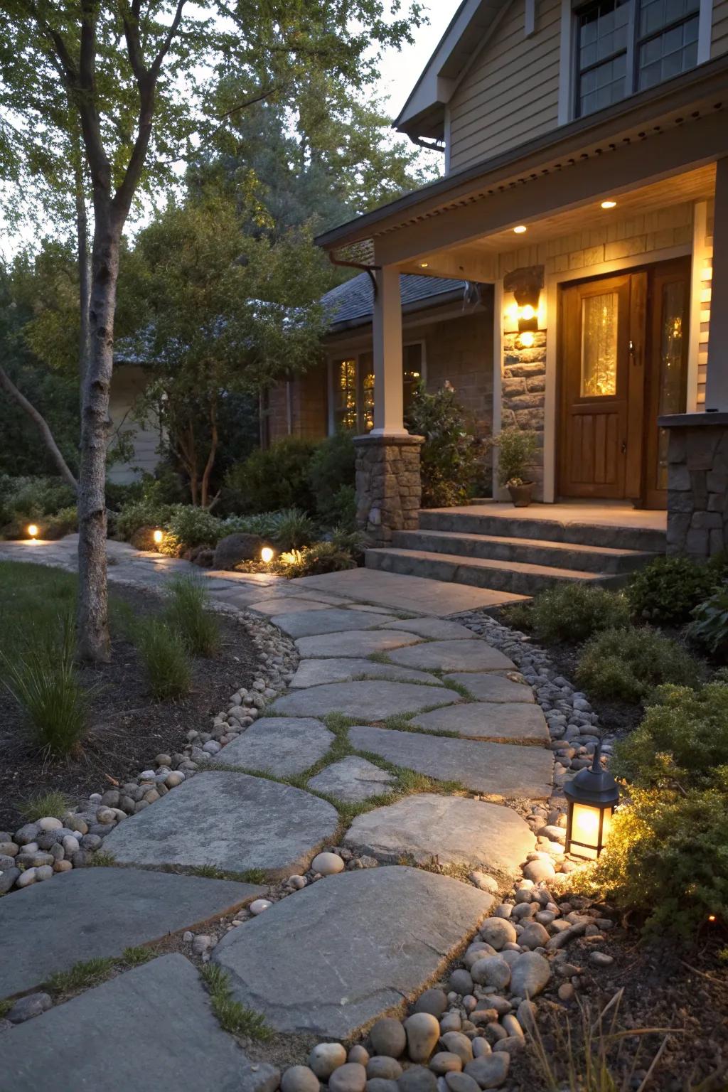 A charming stone pathway with lighting guiding you to the front porch.