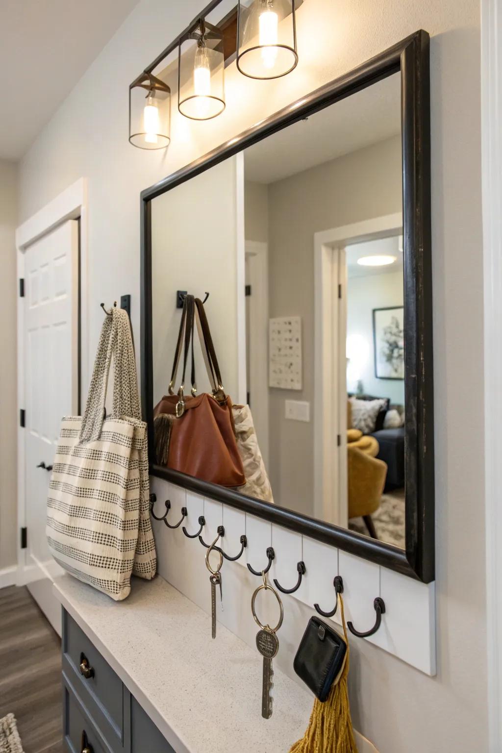 Functional elegance with a mirror that organizes and enhances your entryway.