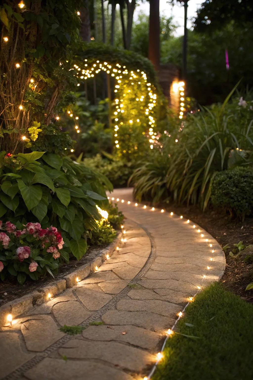 Fairy lights illuminate pathways with a welcoming glow.