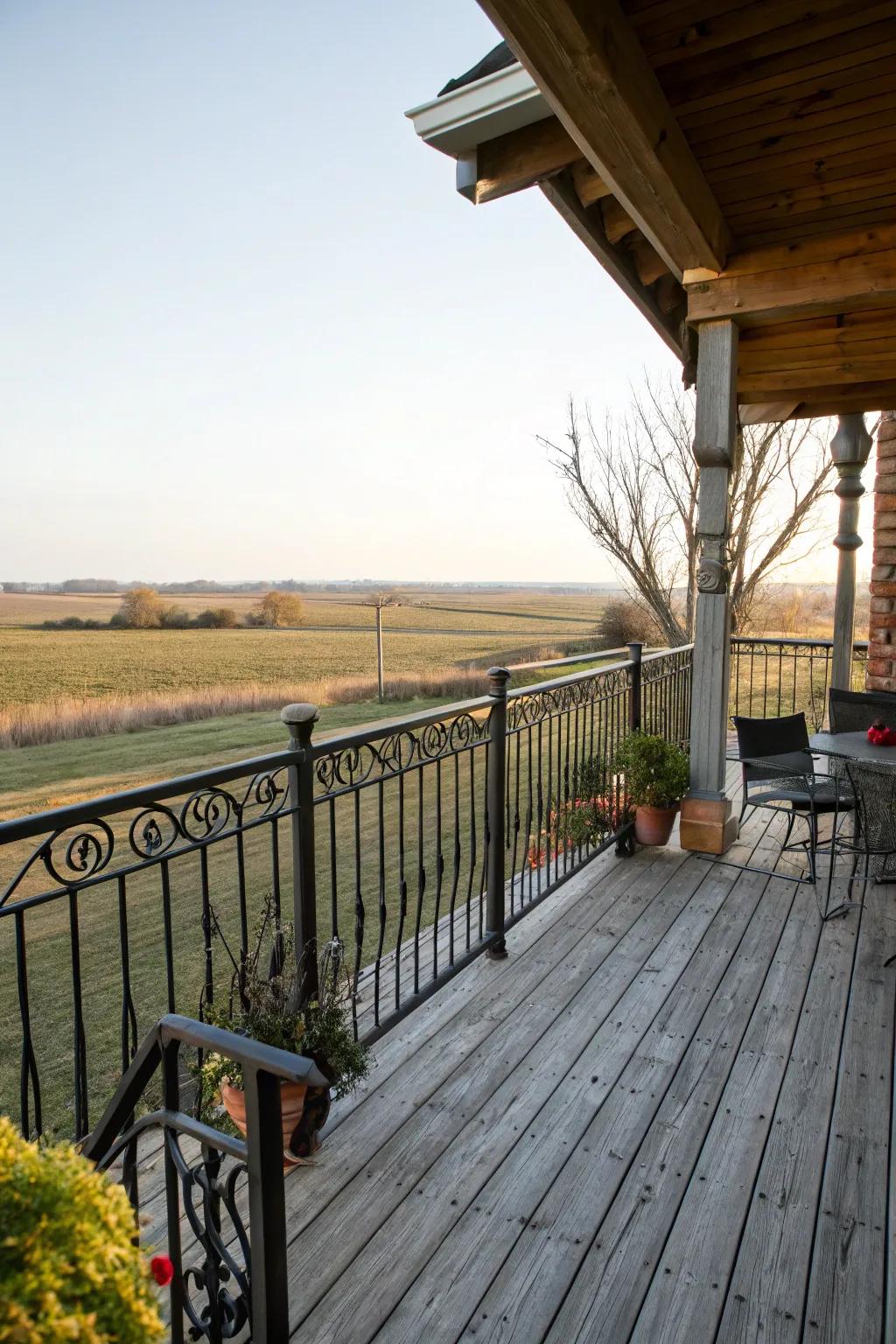 Elegant touch: Wrought iron railing on a farmhouse deck.