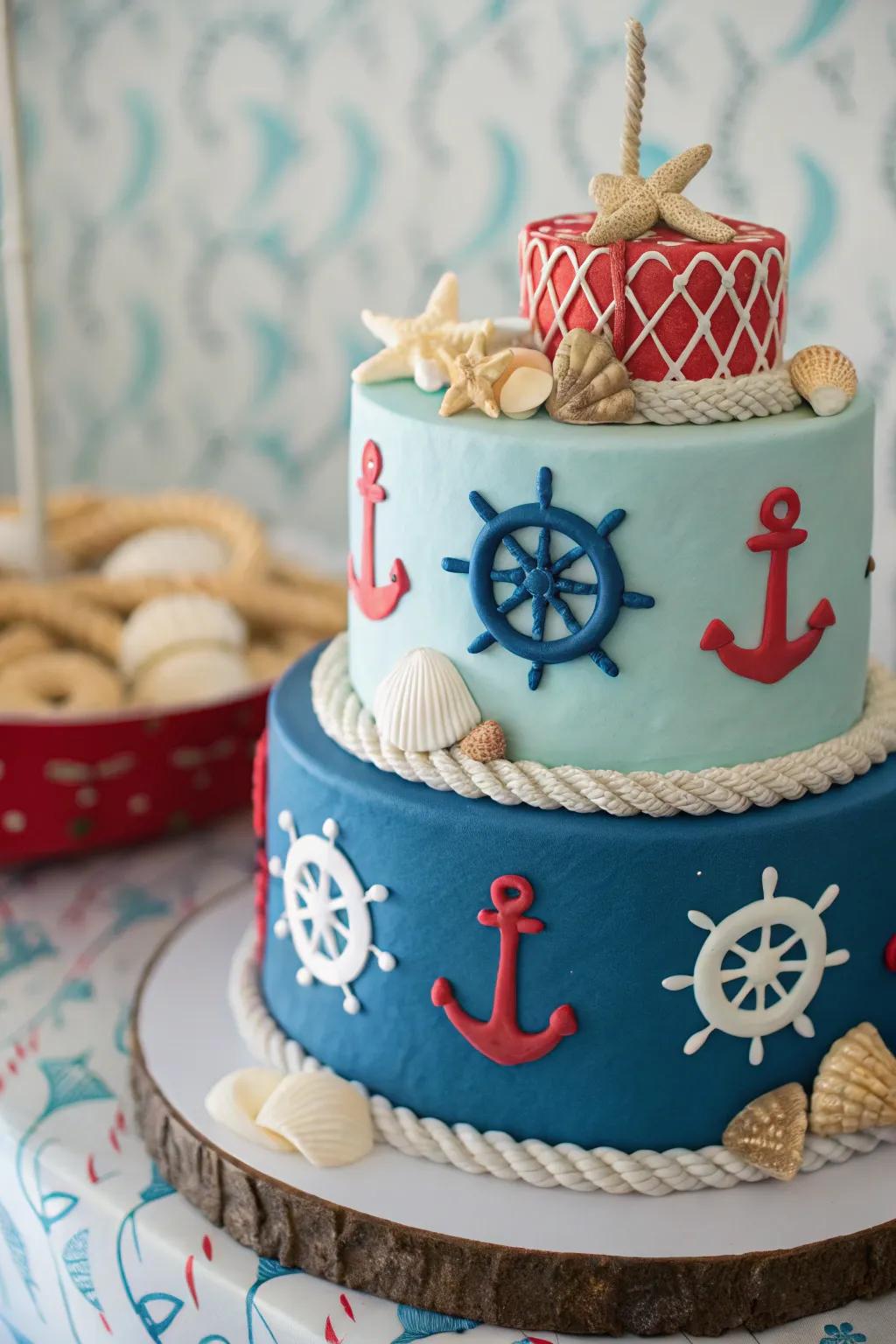 A nautical themed birthday cake, perfect for a first birthday celebration.