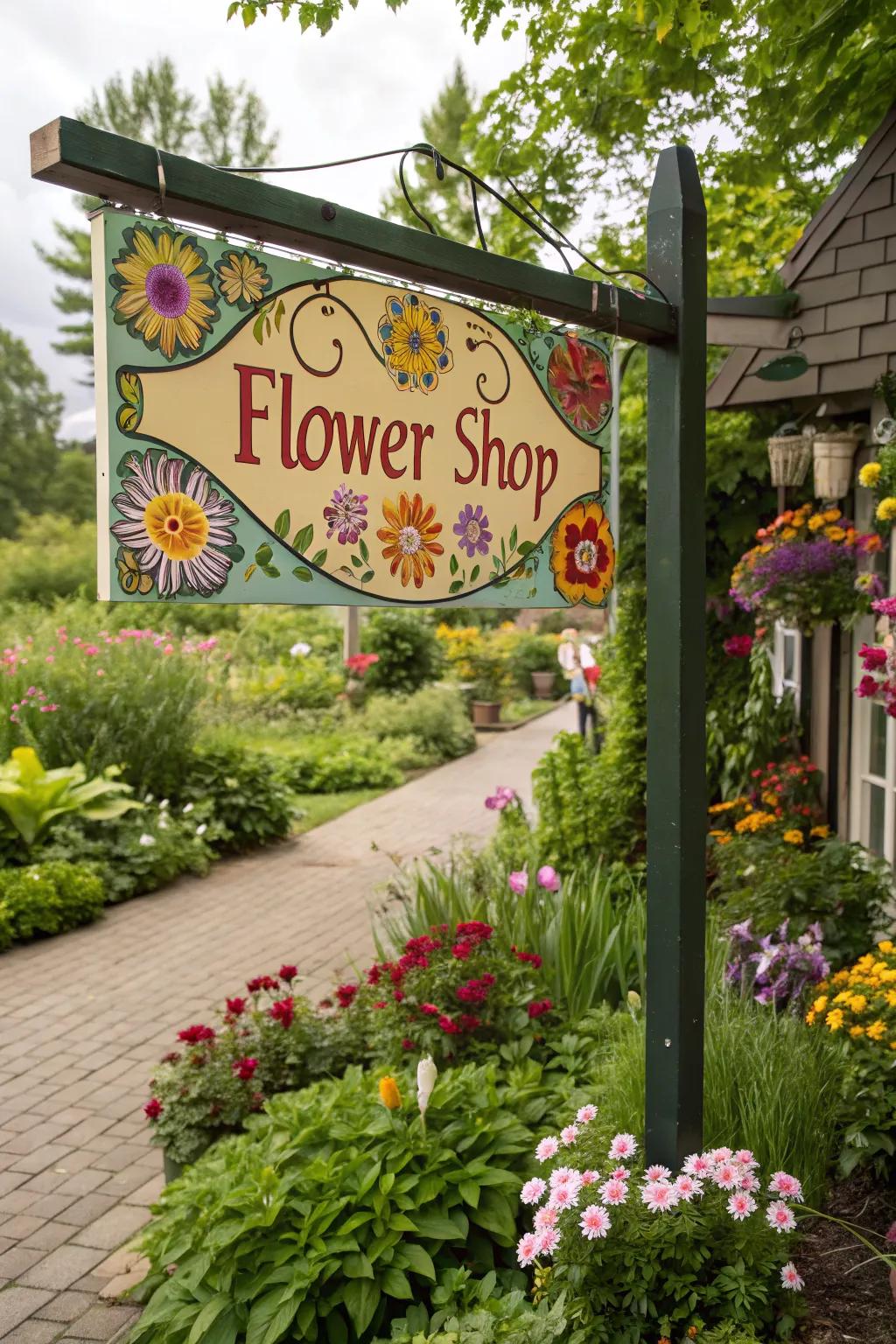 A sign that reflects the floral wonders within