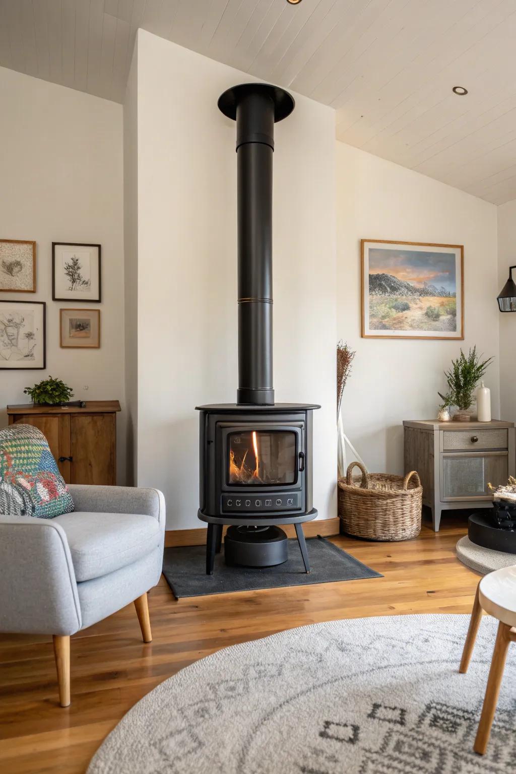 Sleek lines define this modern wood stove in a minimalist setting.