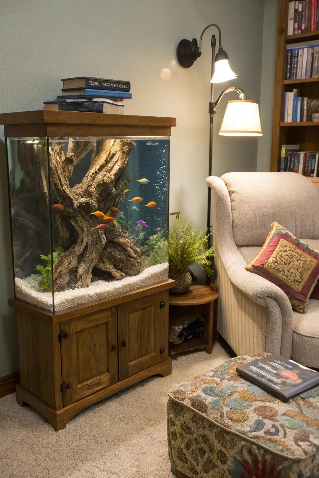 Driftwood adds natural beauty and structure to a fish tank.