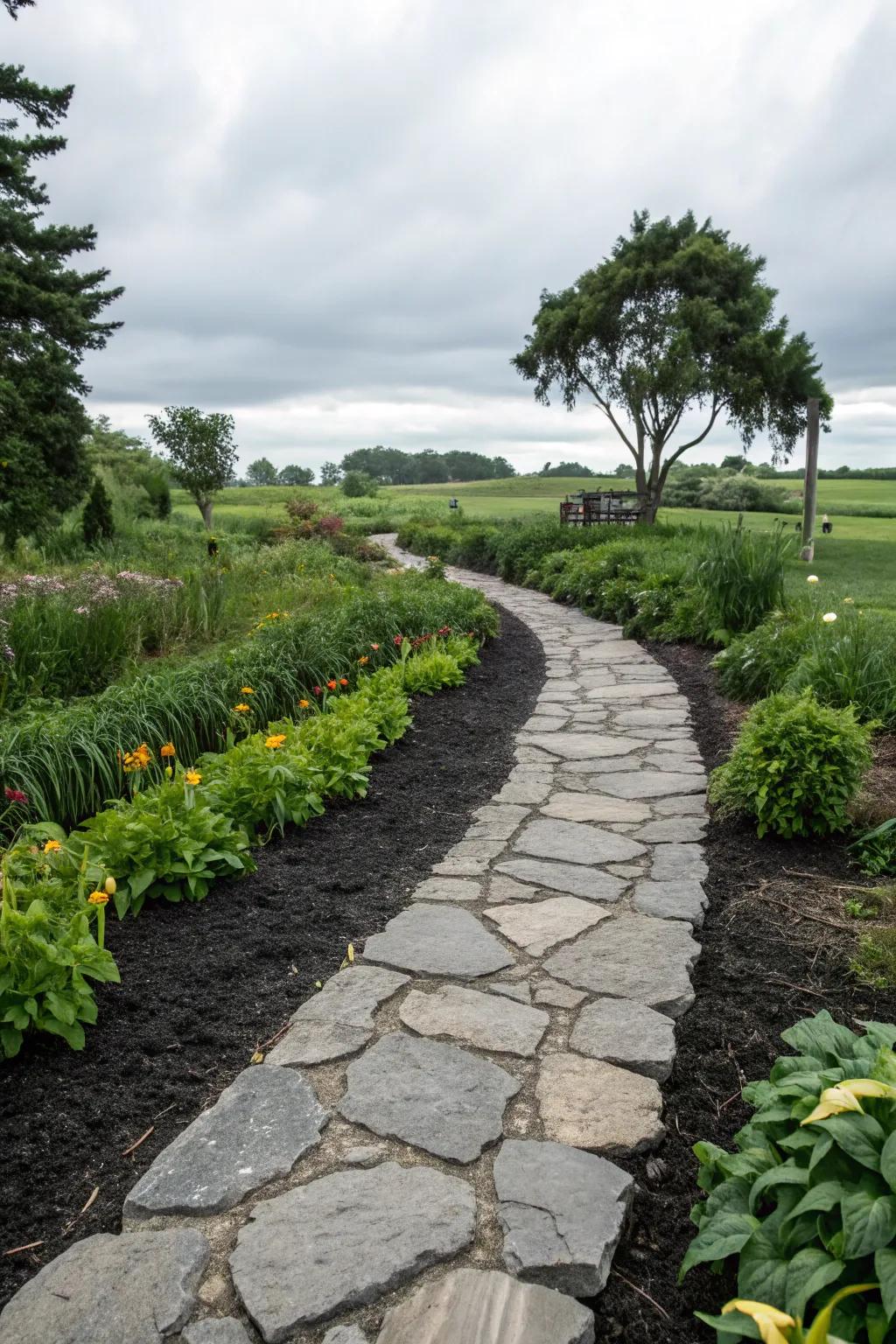 Stone pathways offer a charming contrast to black mulch.