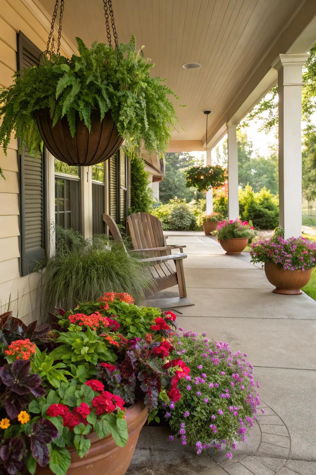 A front porch is embellished with vibrant vases brimming with flora.