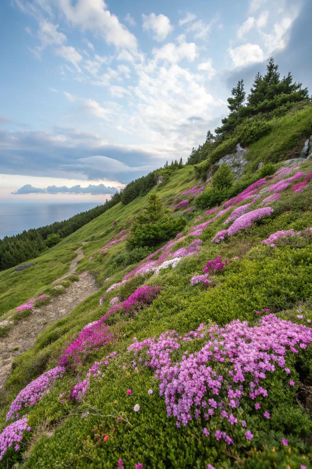 Colorful ground cover adds vibrancy and controls erosion effortlessly.