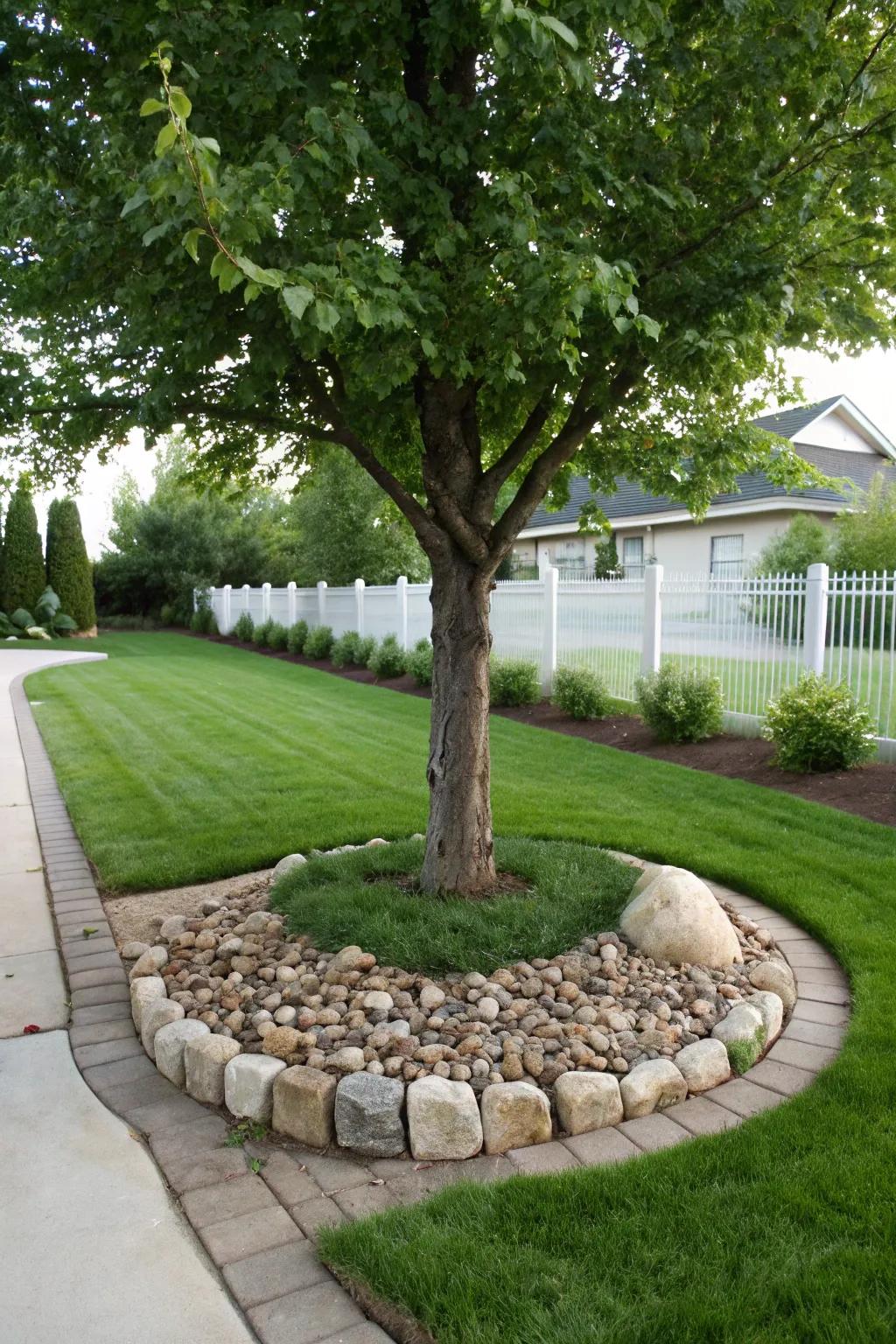 Stone and brick edging provide a classic finish to tree landscaping.