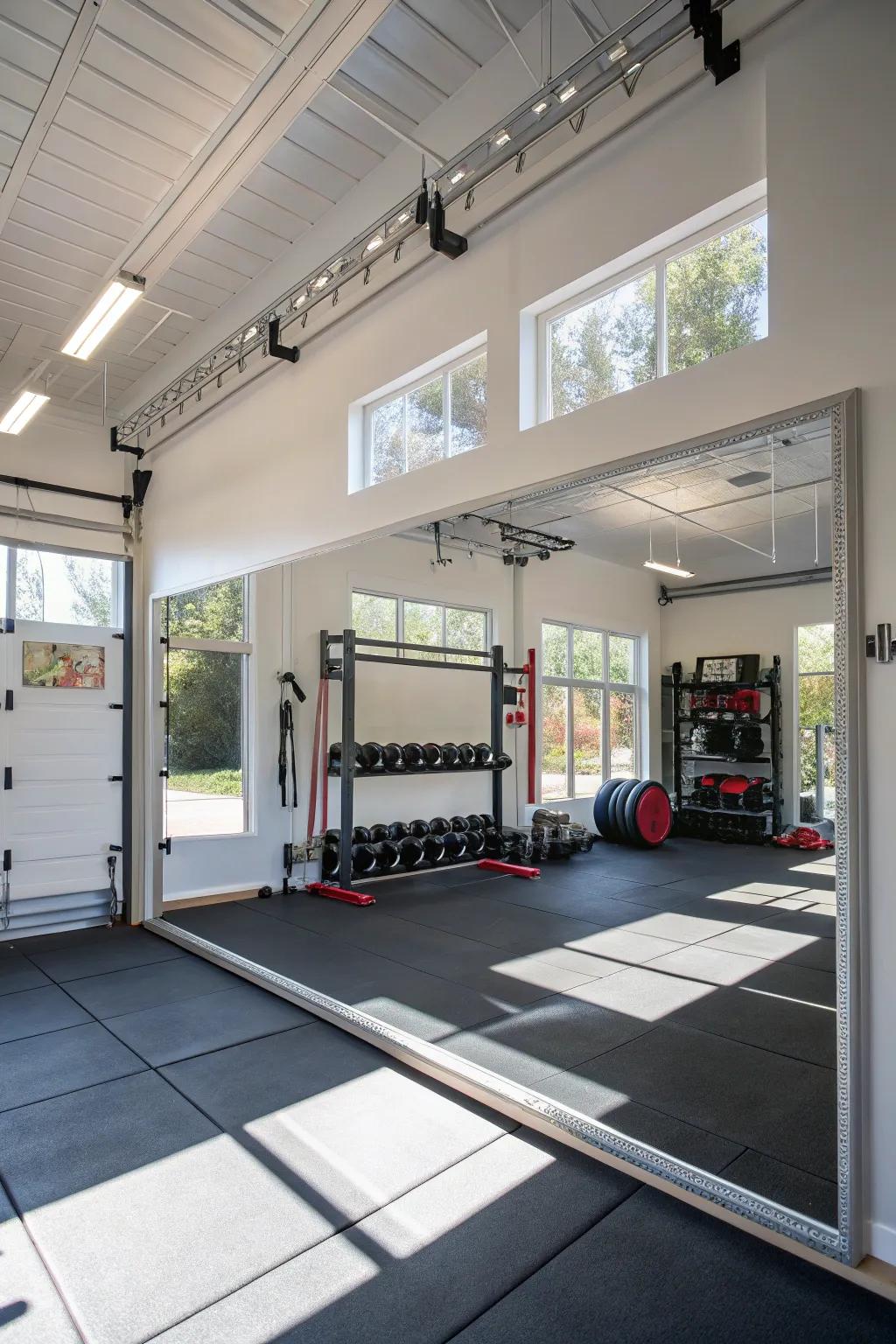 Mirrors amplify the sense of space and aid in monitoring exercise form.