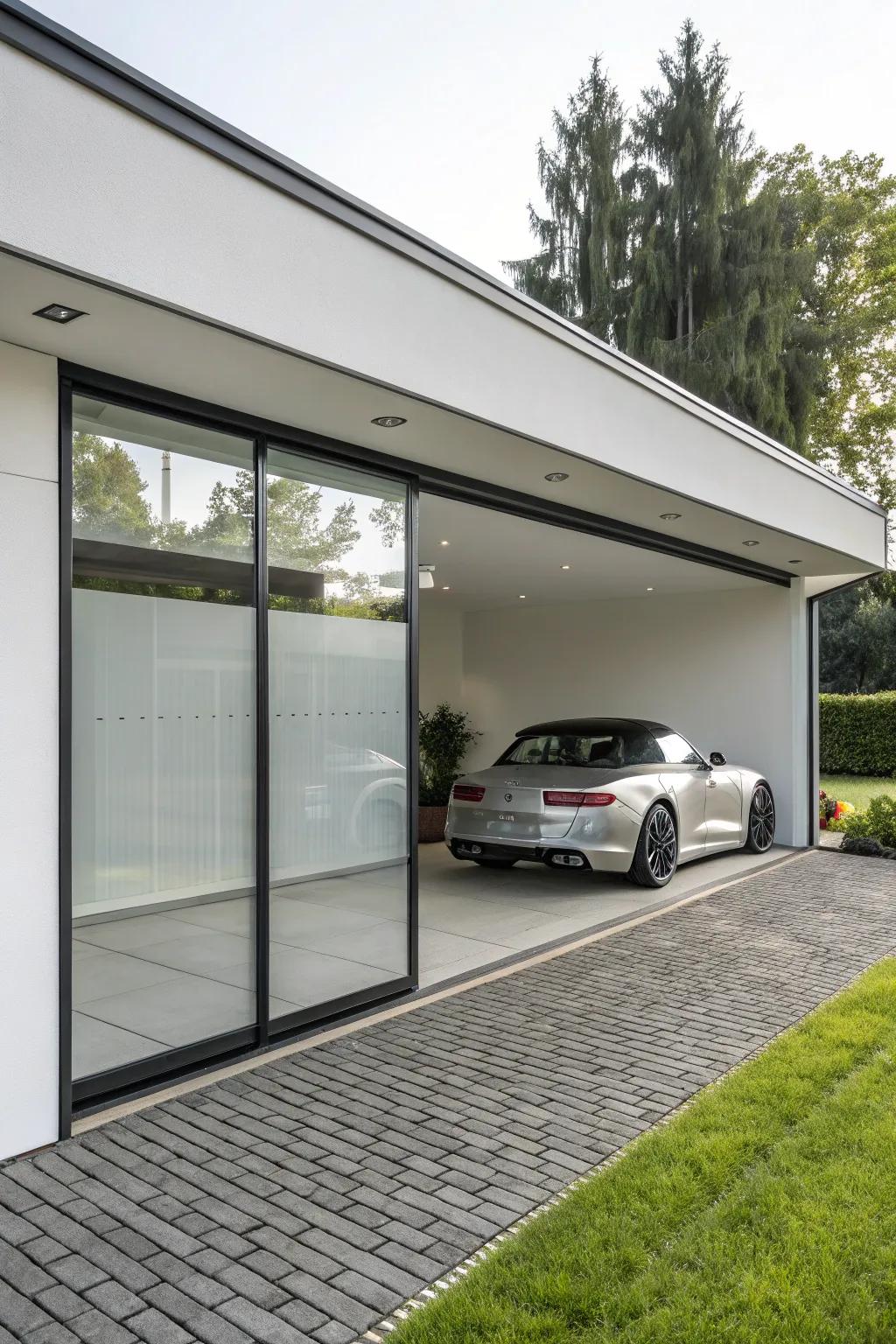 A modern garage featuring sleek glass doors for enhanced natural light.