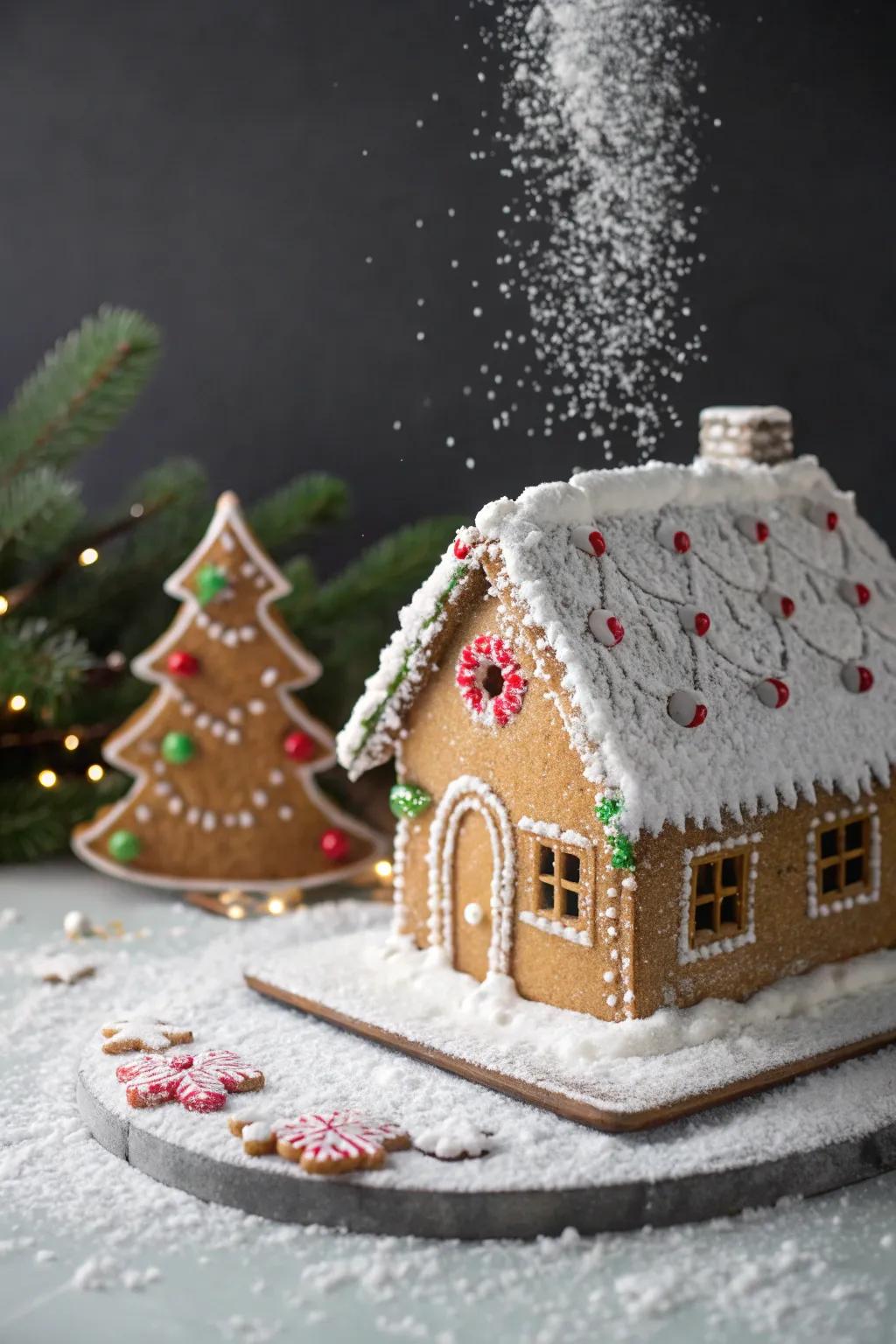 A winter wonderland gingerbread cabin with snow-like powdered sugar.