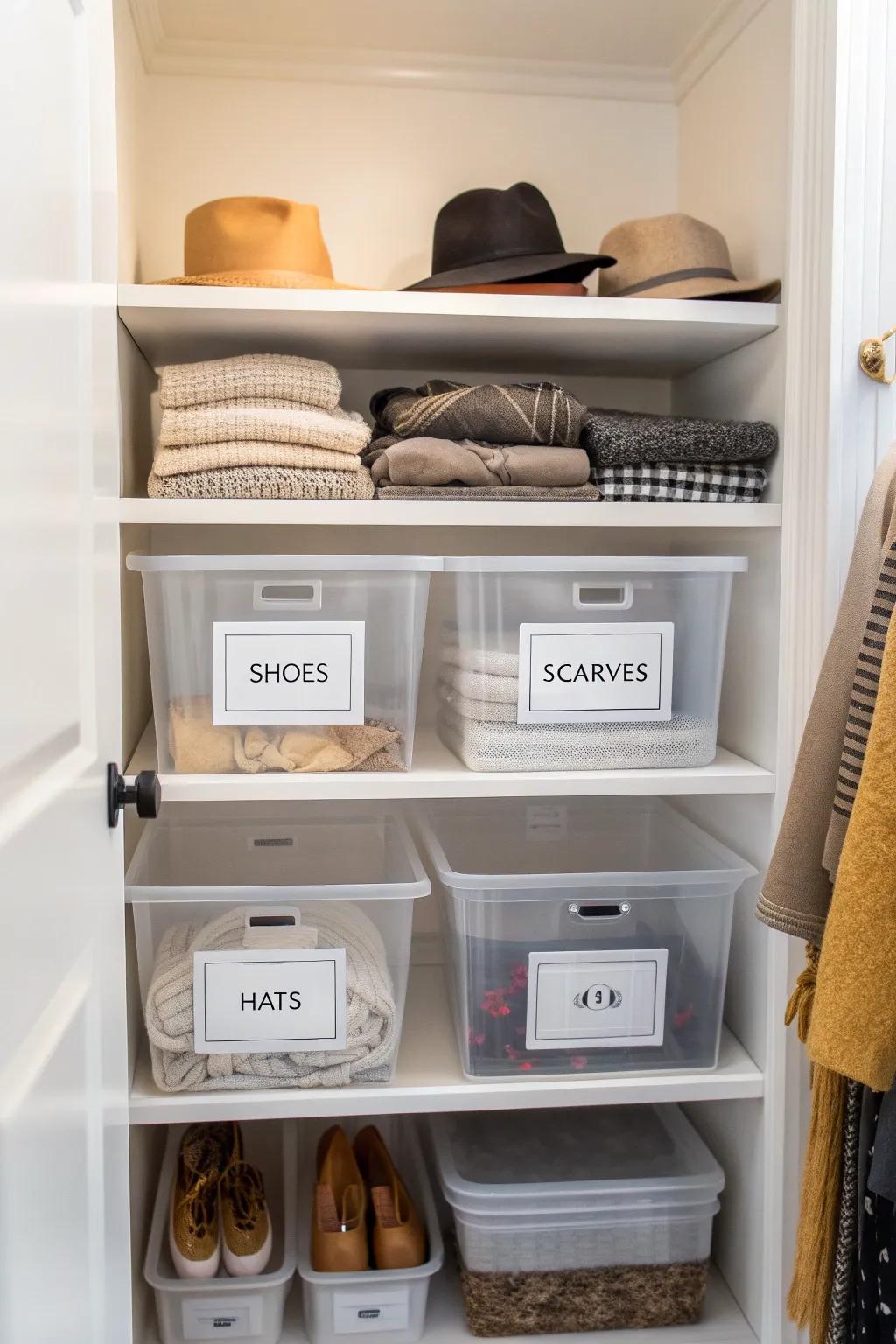 Clear bins keep everything in view and in order.