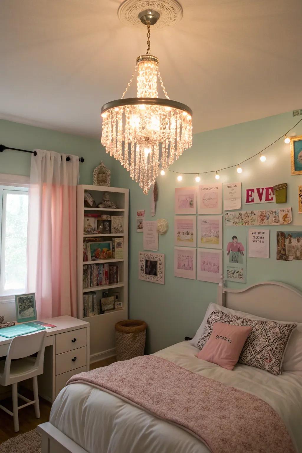 A chandelier adds a touch of elegance to the bedroom.