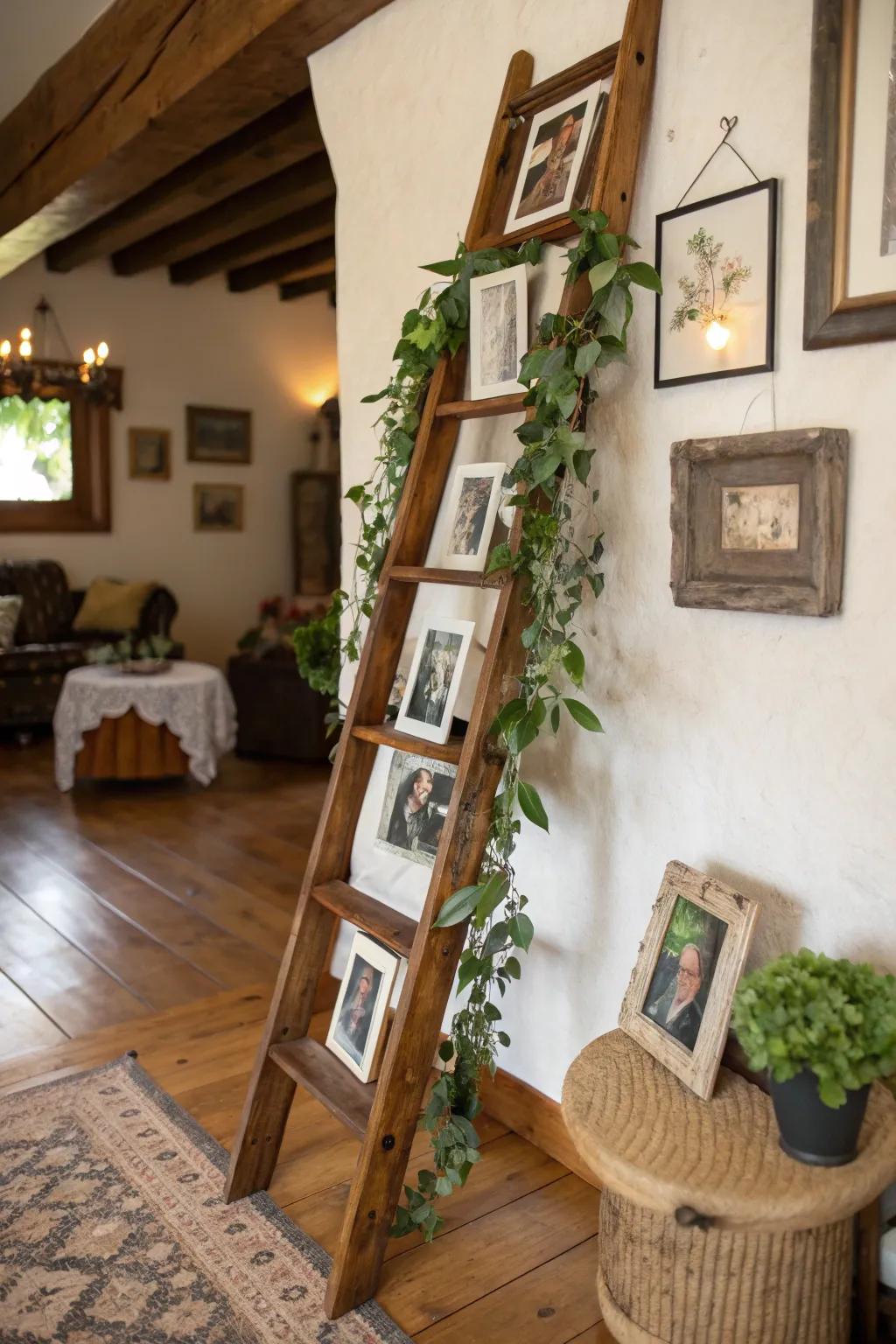 A rustic ladder display adds height and charm to your graduation photo showcase.