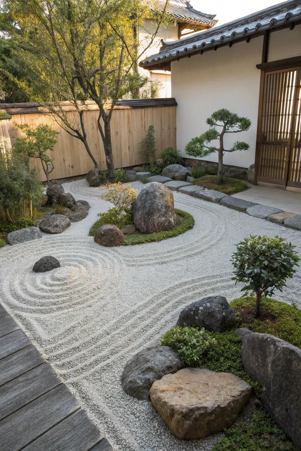 A calming Zen garden nestled within a gravel patio, perfect for meditation.