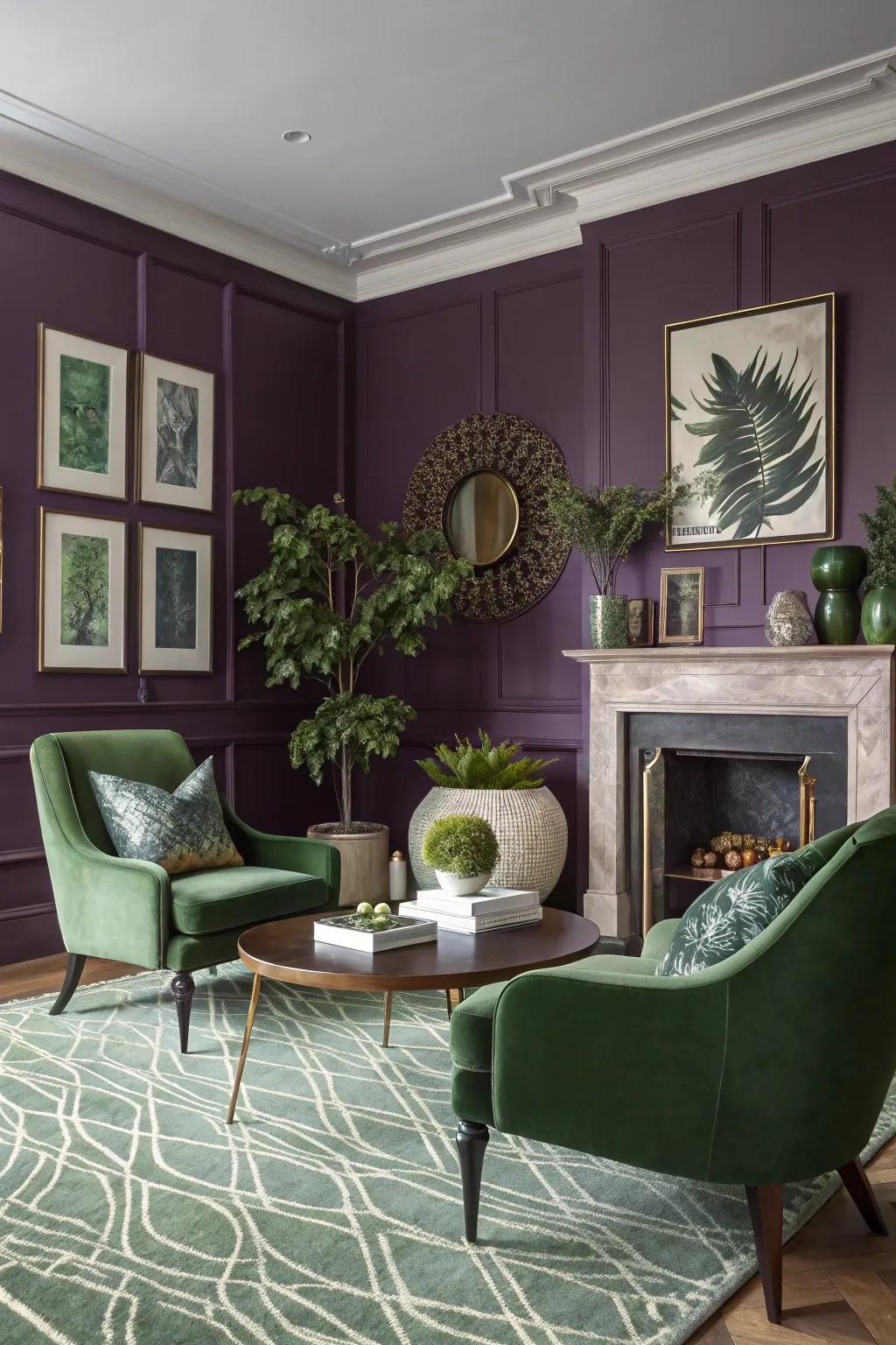 A bold purple accent wall in a modern living room.