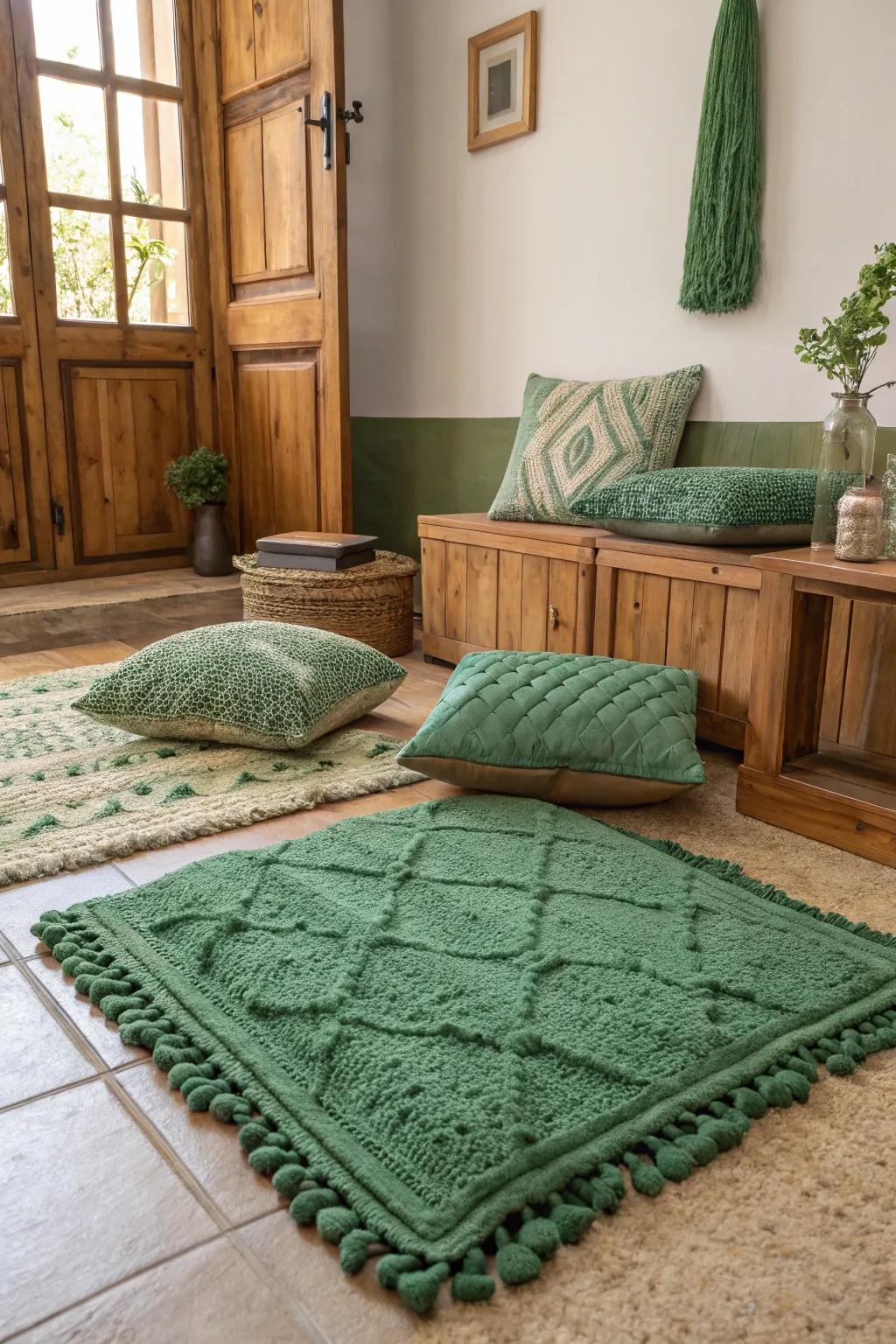 Textured green elements add depth to the room.