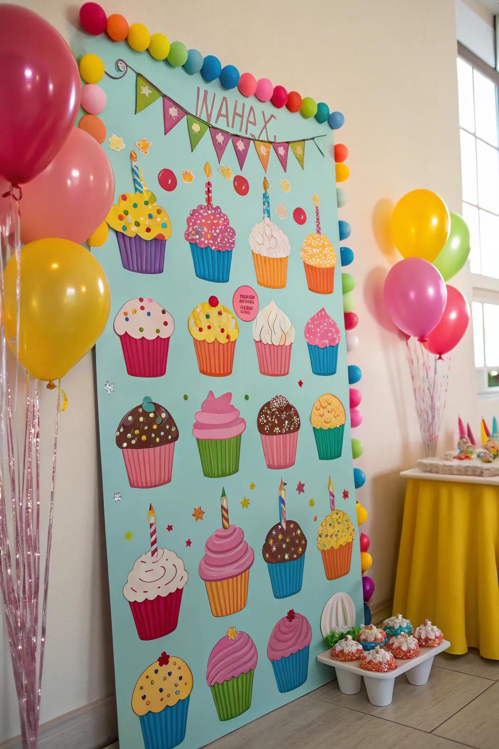 A charming and vibrant frosted confection-themed birthday display.