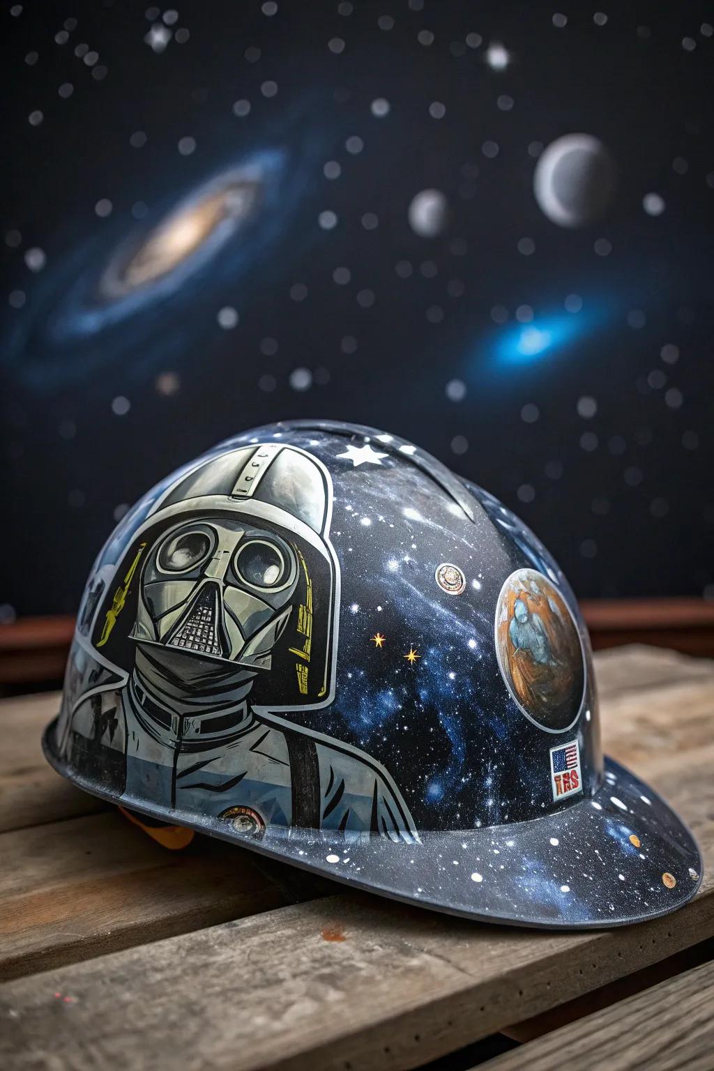 A hard hat celebrating iconic sci-fi themes.