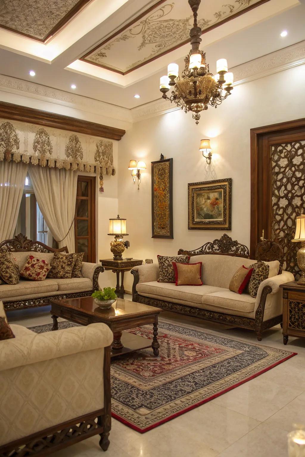 A sophisticated living area featuring elegant furnishings
