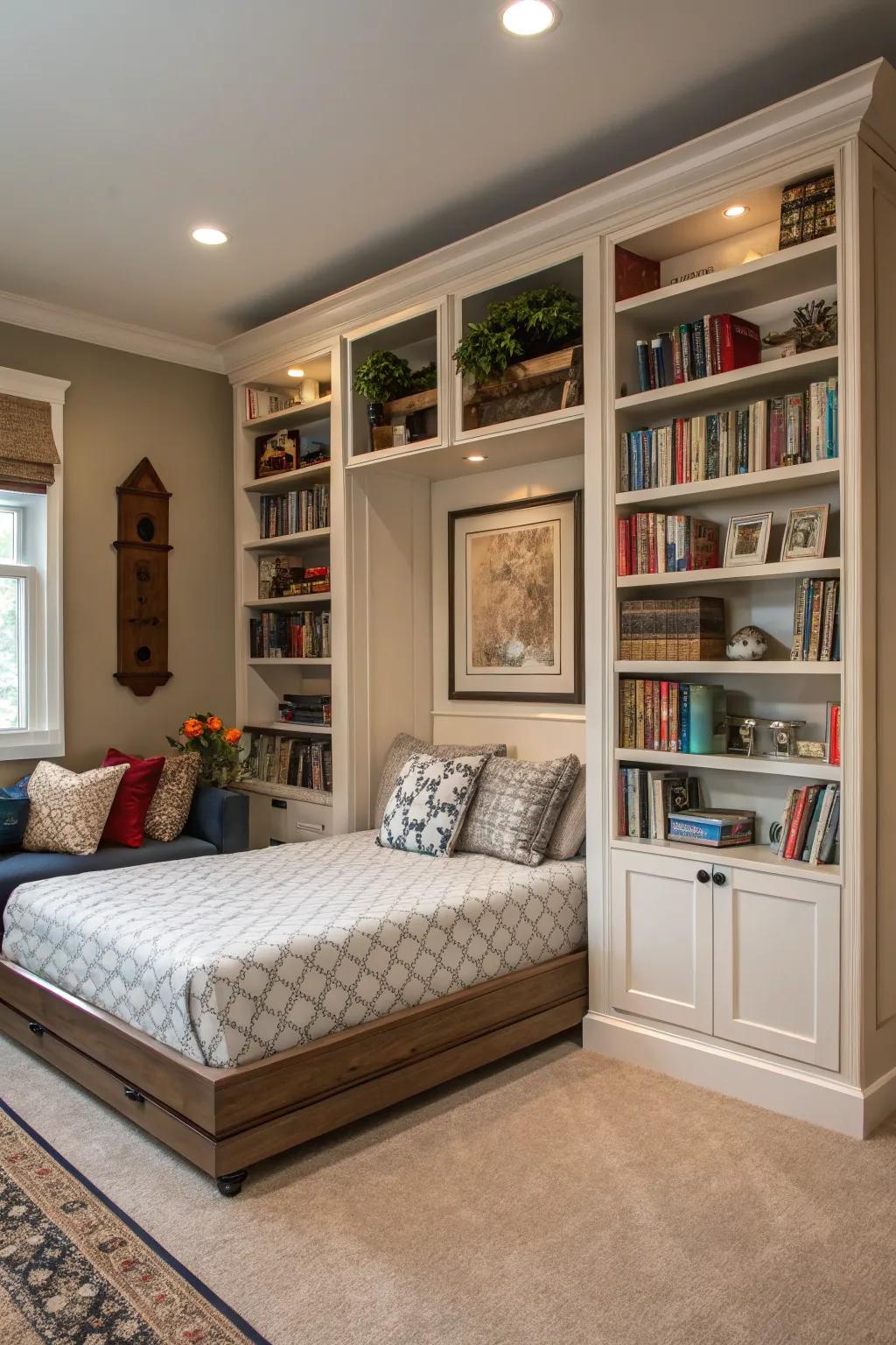 A Murphy bed concealed behind stylish bookshelves, blending storage with sleeping space.