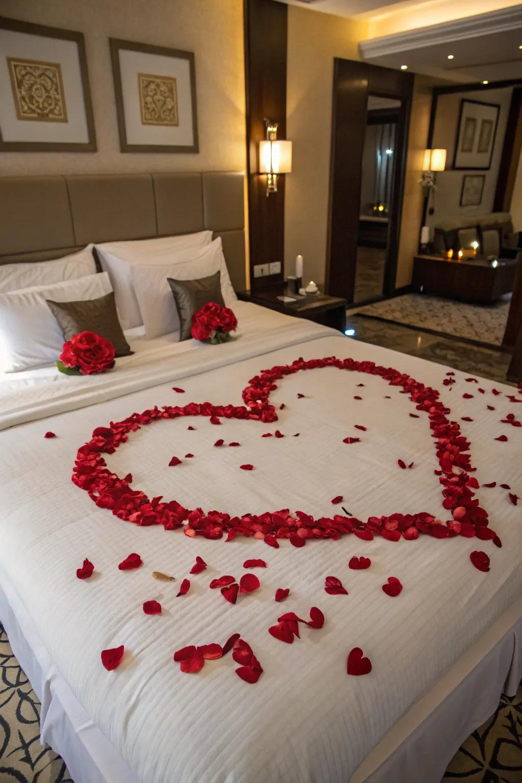 Transform your bed into a captivating spectacle using floral petals.